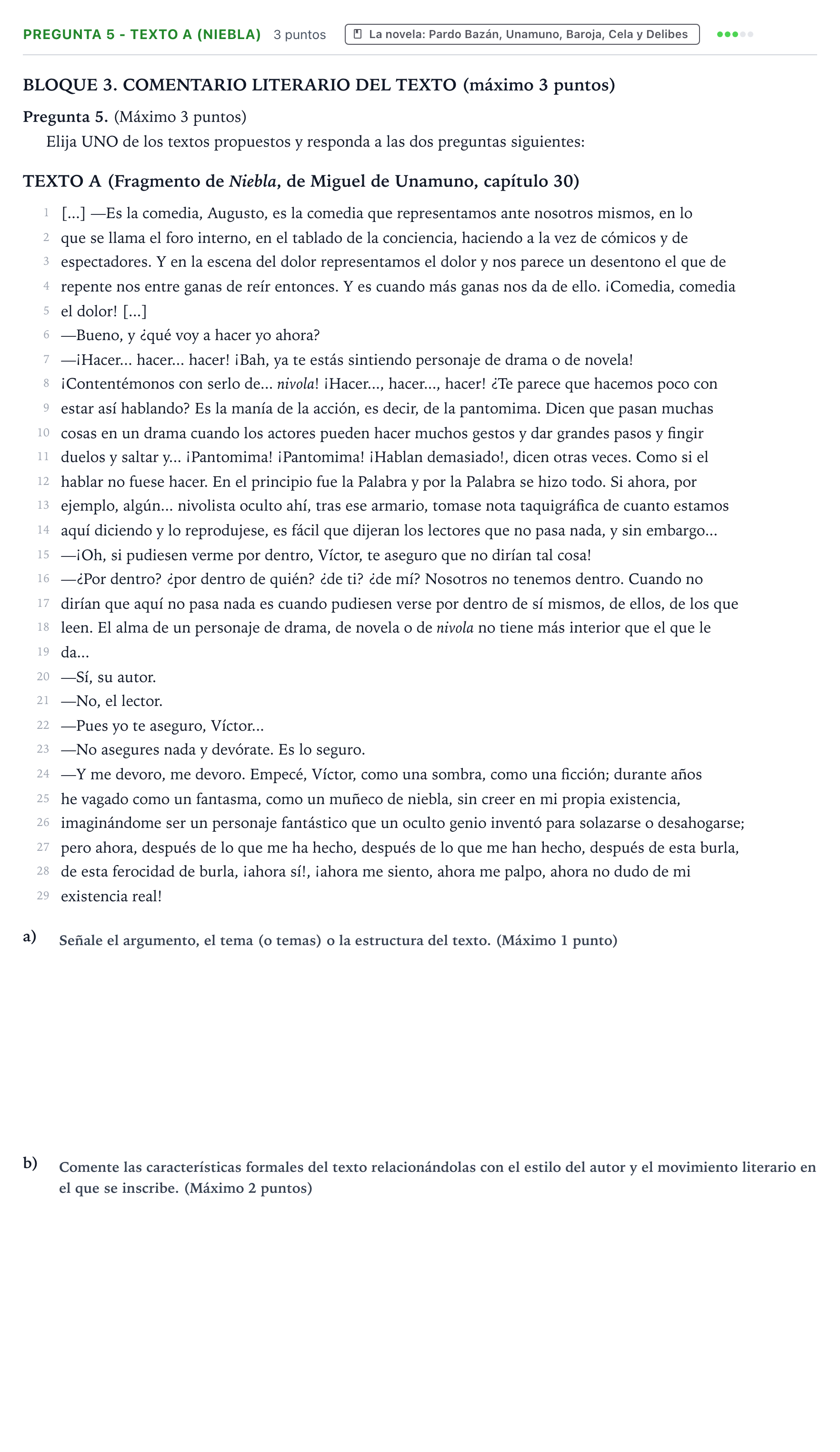 Enunciado: Pregunta 5 - Texto A (Niebla) · Lengua Castellana y Literatura II PAU Castilla y León Extraordinaria 2026