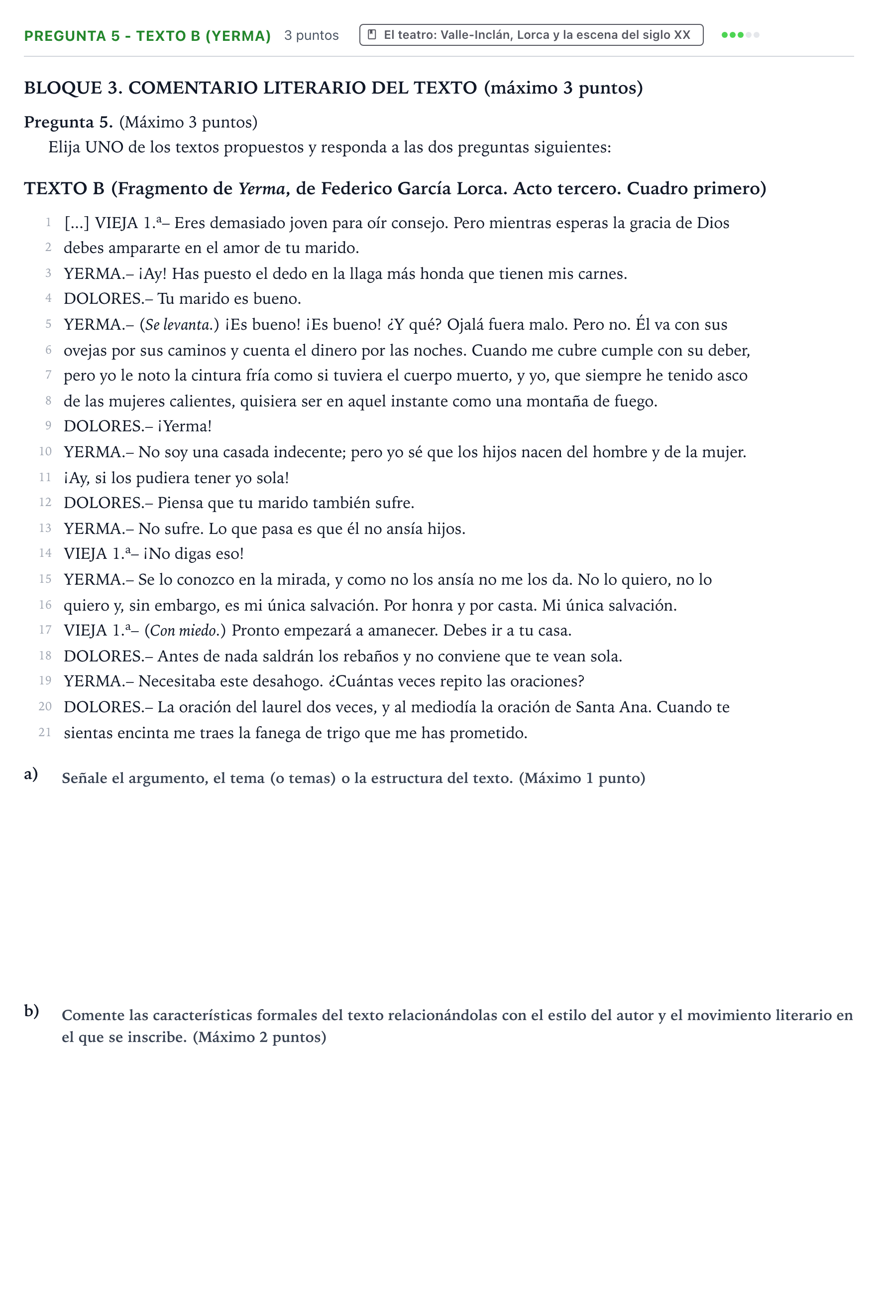 Enunciado: Pregunta 5 - Texto B (Yerma) · Lengua Castellana y Literatura II PAU Castilla y León Extraordinaria 2026