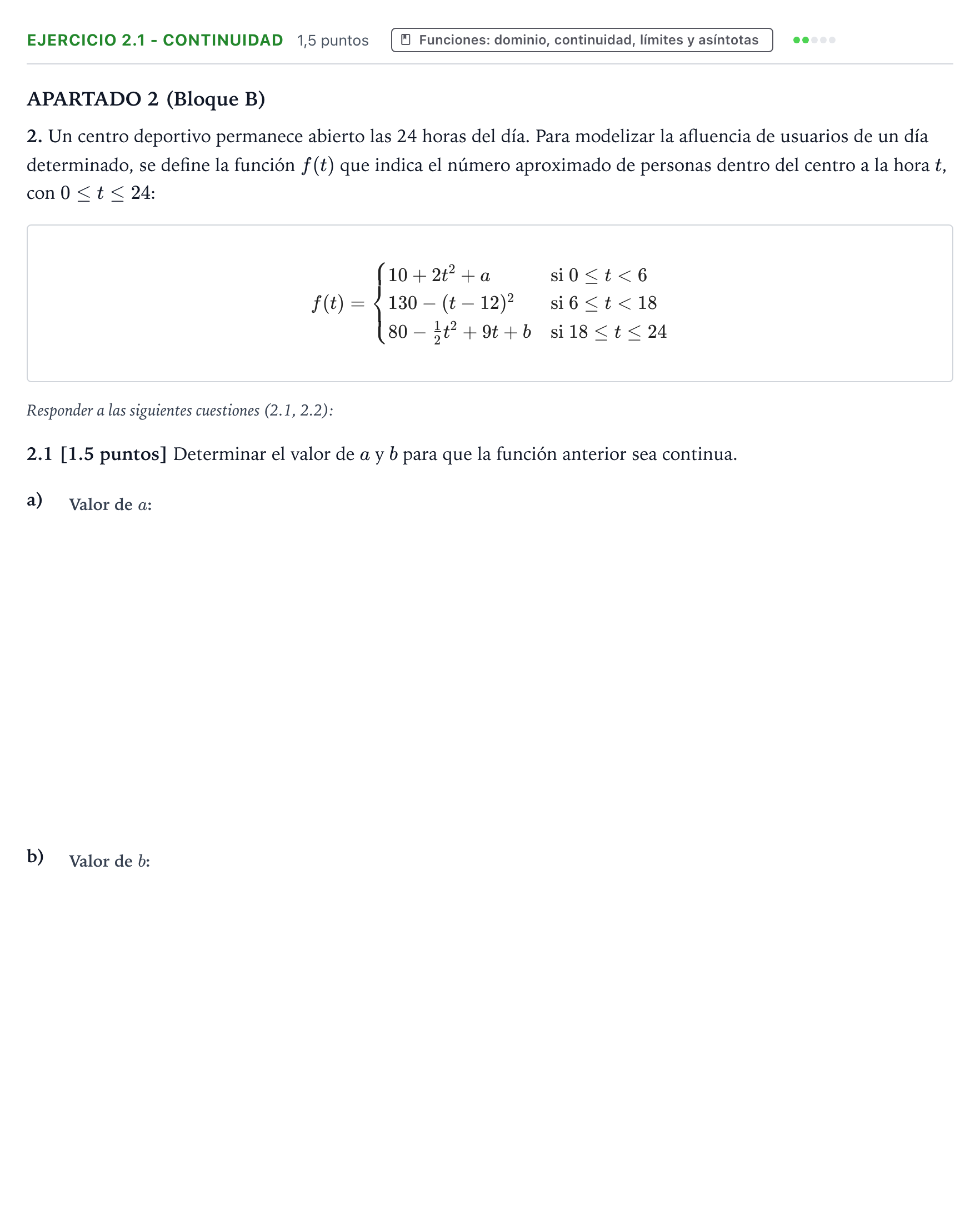 Enunciado: Ejercicio 2.1 - Continuidad · Matemáticas aplicadas a las Ciencias Sociales II PAU Castilla y León Extraordinaria 2026