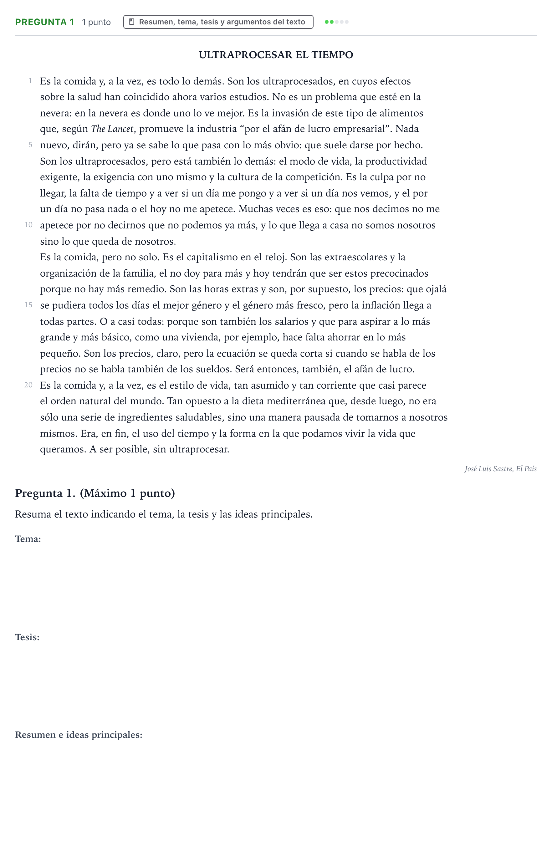 Enunciado: Pregunta 1 · Lengua Castellana y Literatura II PAU Castilla y León Ordinaria 2026