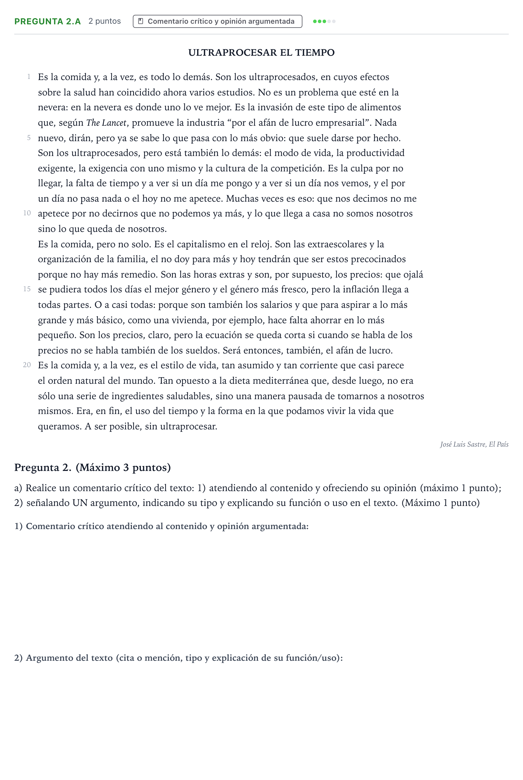 Enunciado: Pregunta 2.a - Comentario crítico y opinión argum… · Lengua Castellana y Literatura II PAU Castilla y León Ordinaria 2026