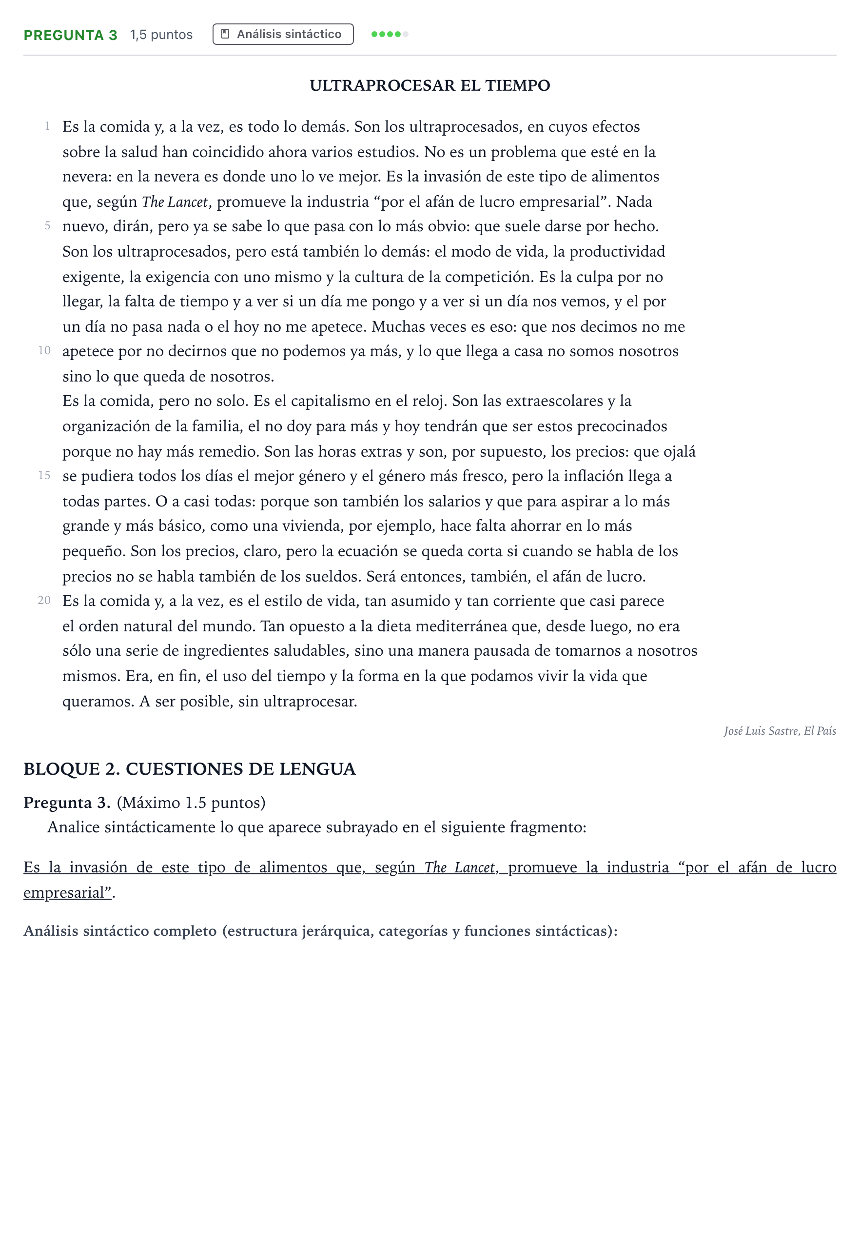 Enunciado: Pregunta 3 · Lengua Castellana y Literatura II PAU Castilla y León Ordinaria 2026