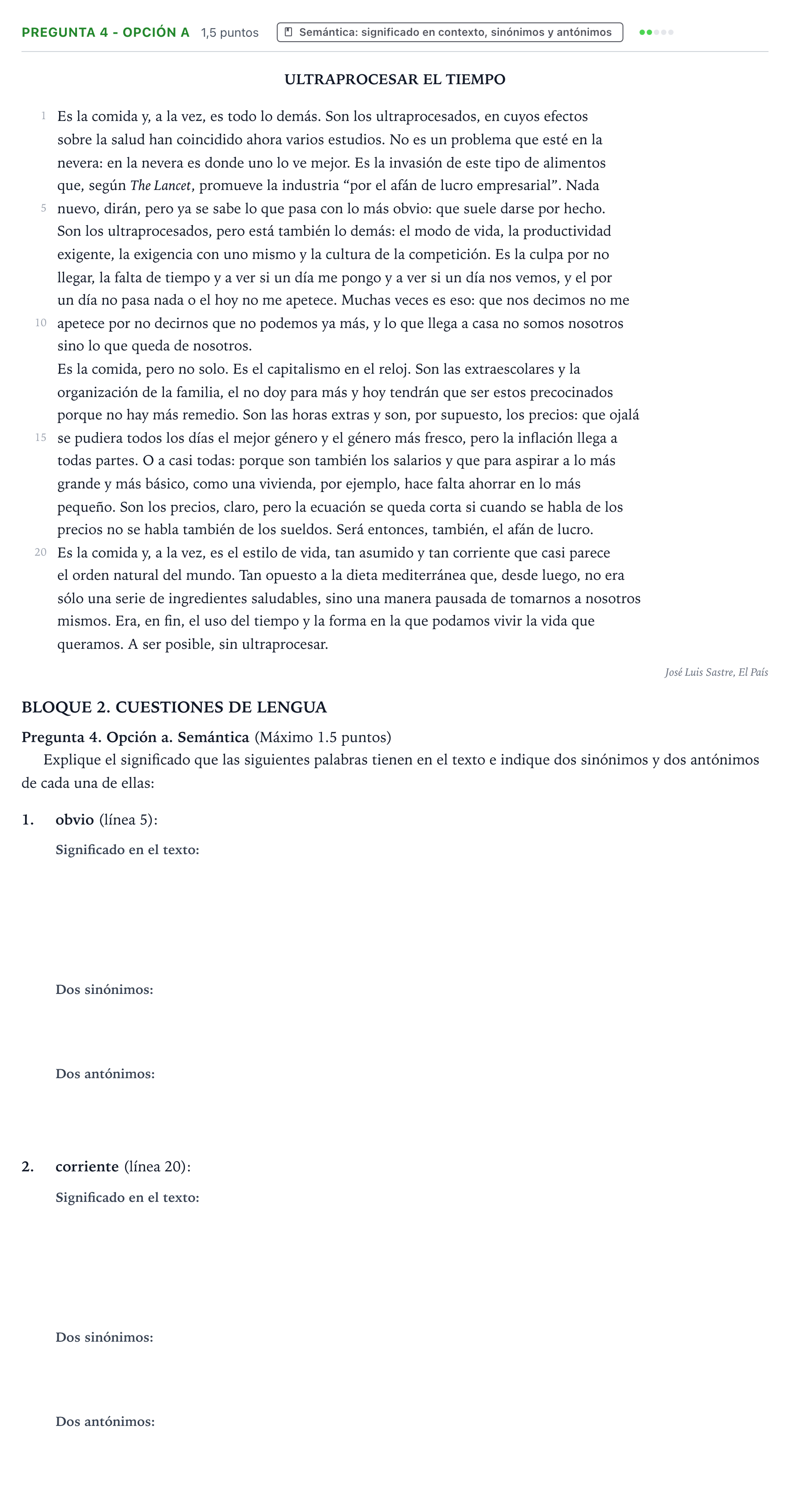 Enunciado: Pregunta 4 - Opción a · Lengua Castellana y Literatura II PAU Castilla y León Ordinaria 2026