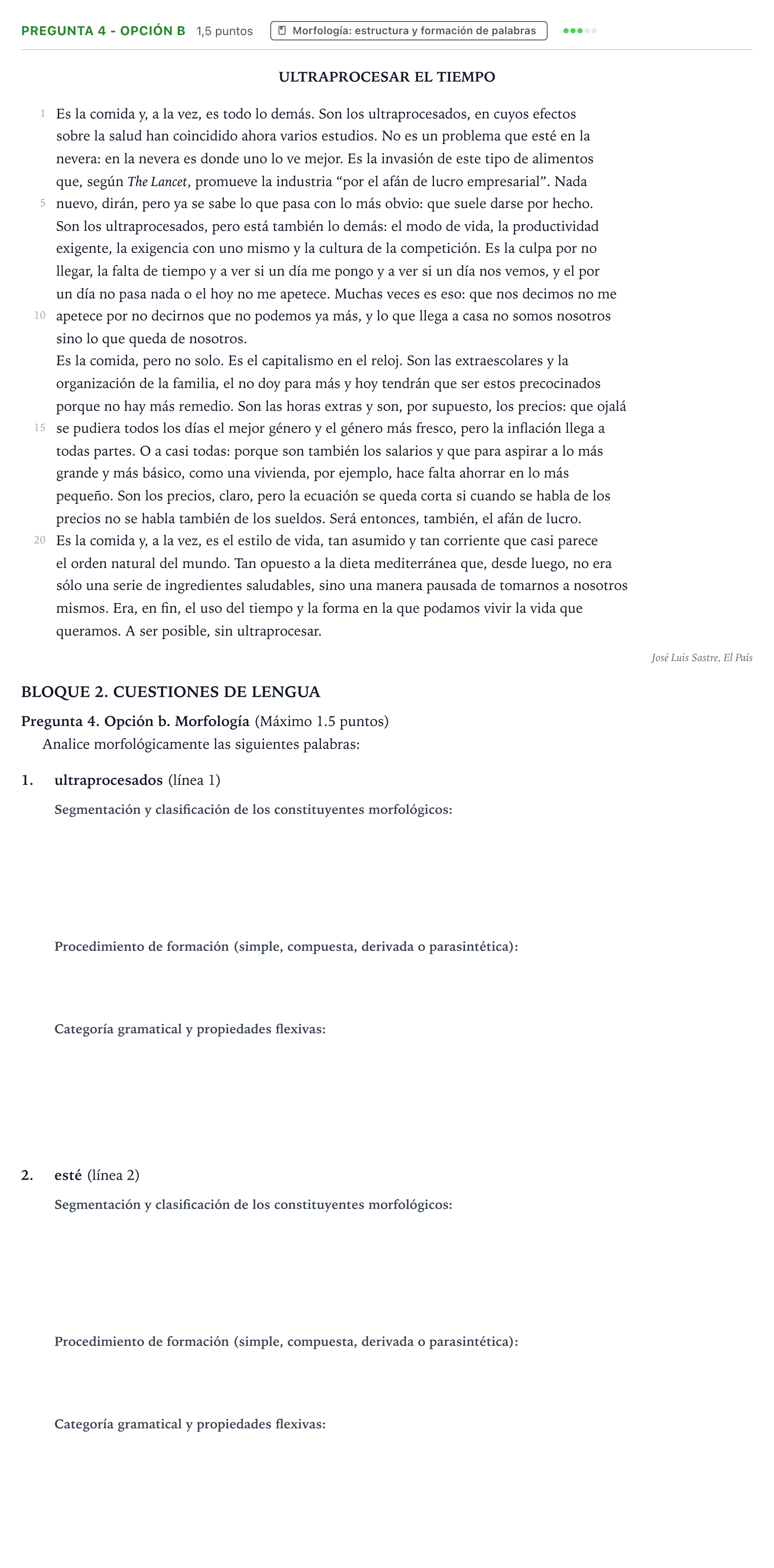 Enunciado: Pregunta 4 - Opción b · Lengua Castellana y Literatura II PAU Castilla y León Ordinaria 2026
