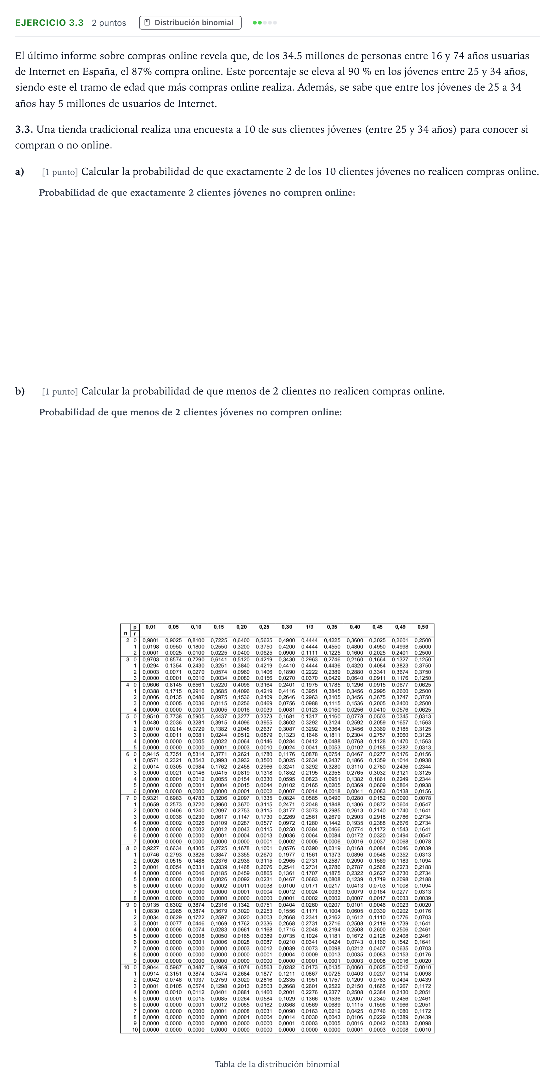 Enunciado: Ejercicio 3.3 · Matemáticas aplicadas a las Ciencias Sociales II PAU Castilla y León Ordinaria 2026