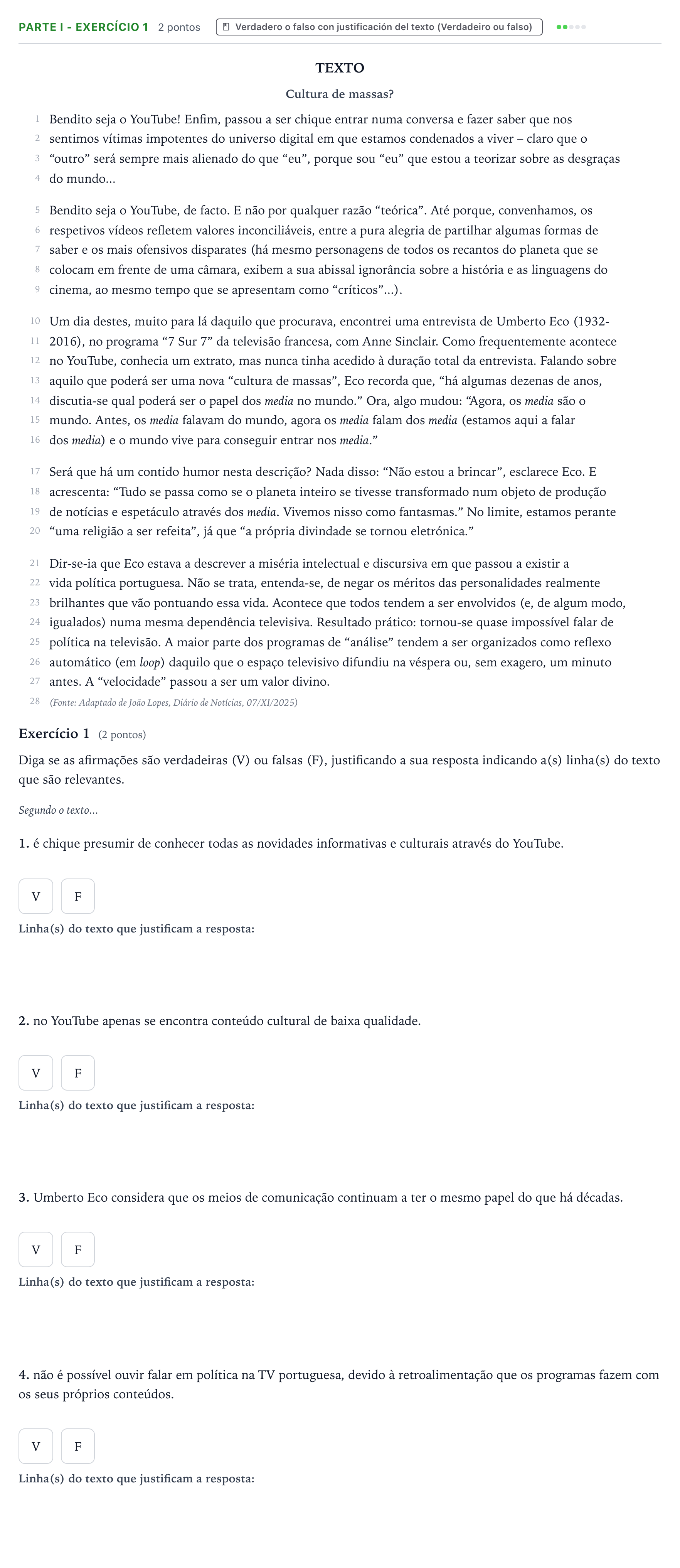 Enunciado: Ejercicio Parte I - Exercício 1 · Portugués PAU Castilla y León Extraordinaria 2026