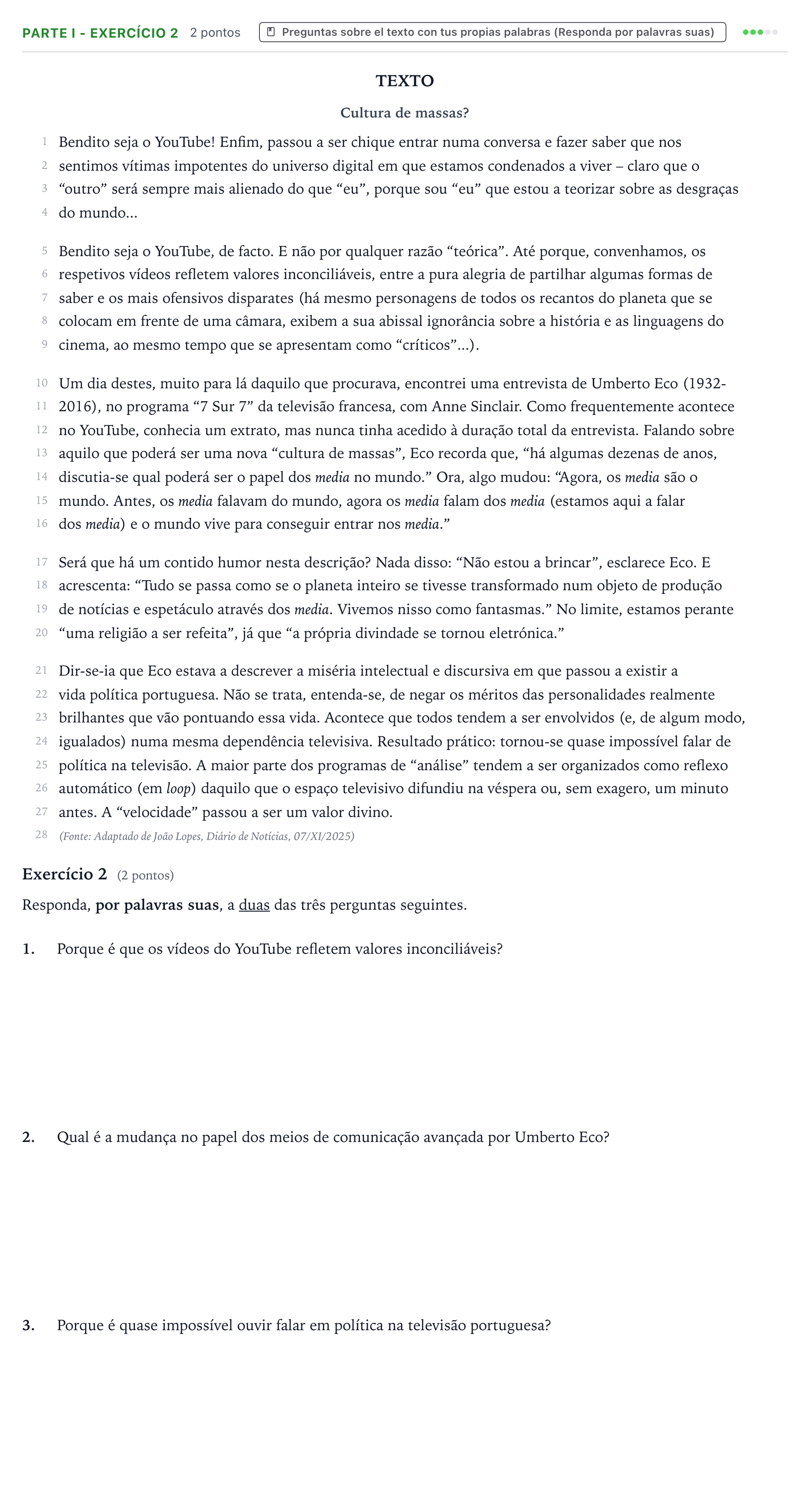 Enunciado: Ejercicio Parte I - Exercício 2 · Portugués PAU Castilla y León Extraordinaria 2026