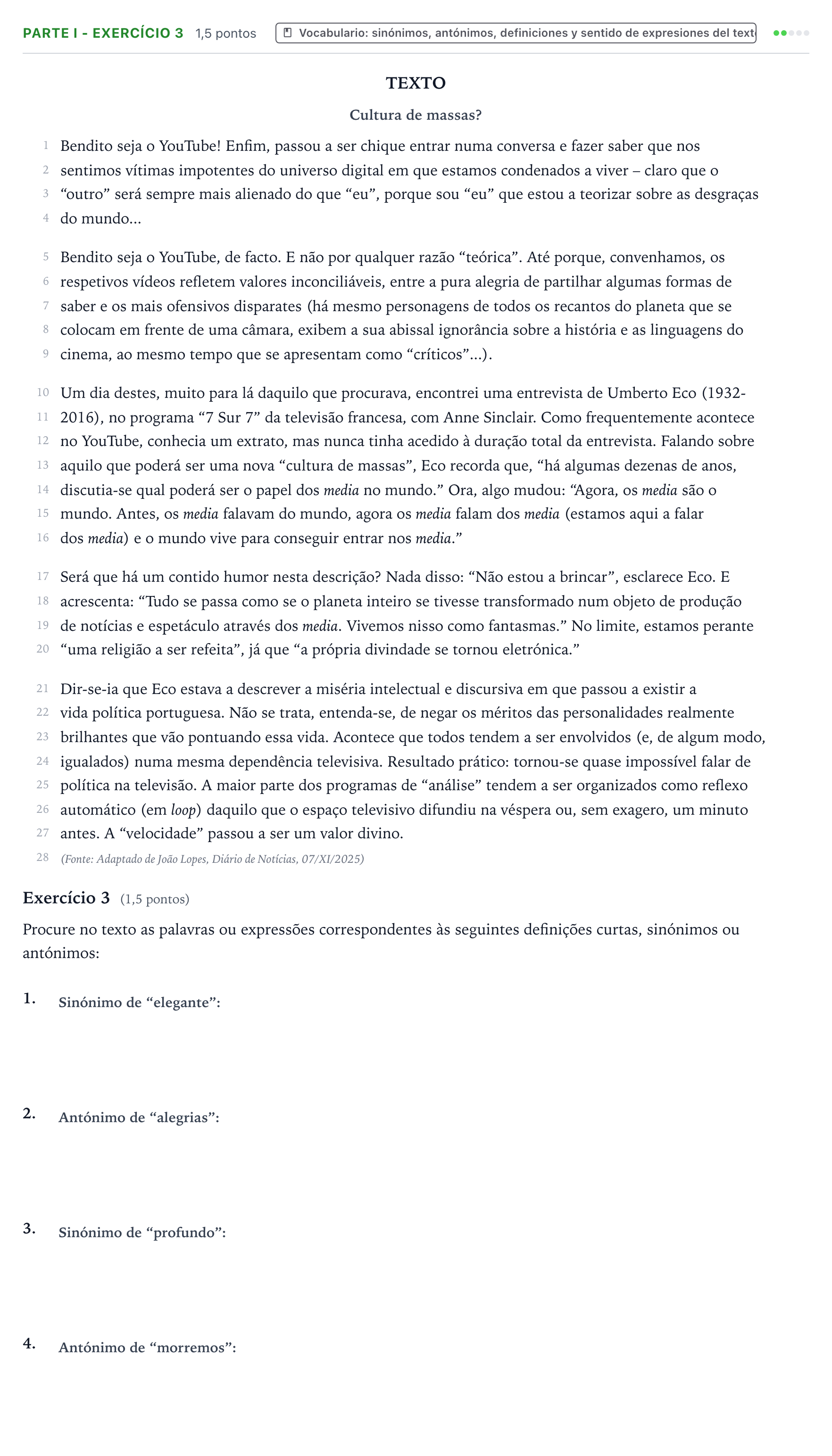 Enunciado: Ejercicio Parte I - Exercício 3 · Portugués PAU Castilla y León Extraordinaria 2026
