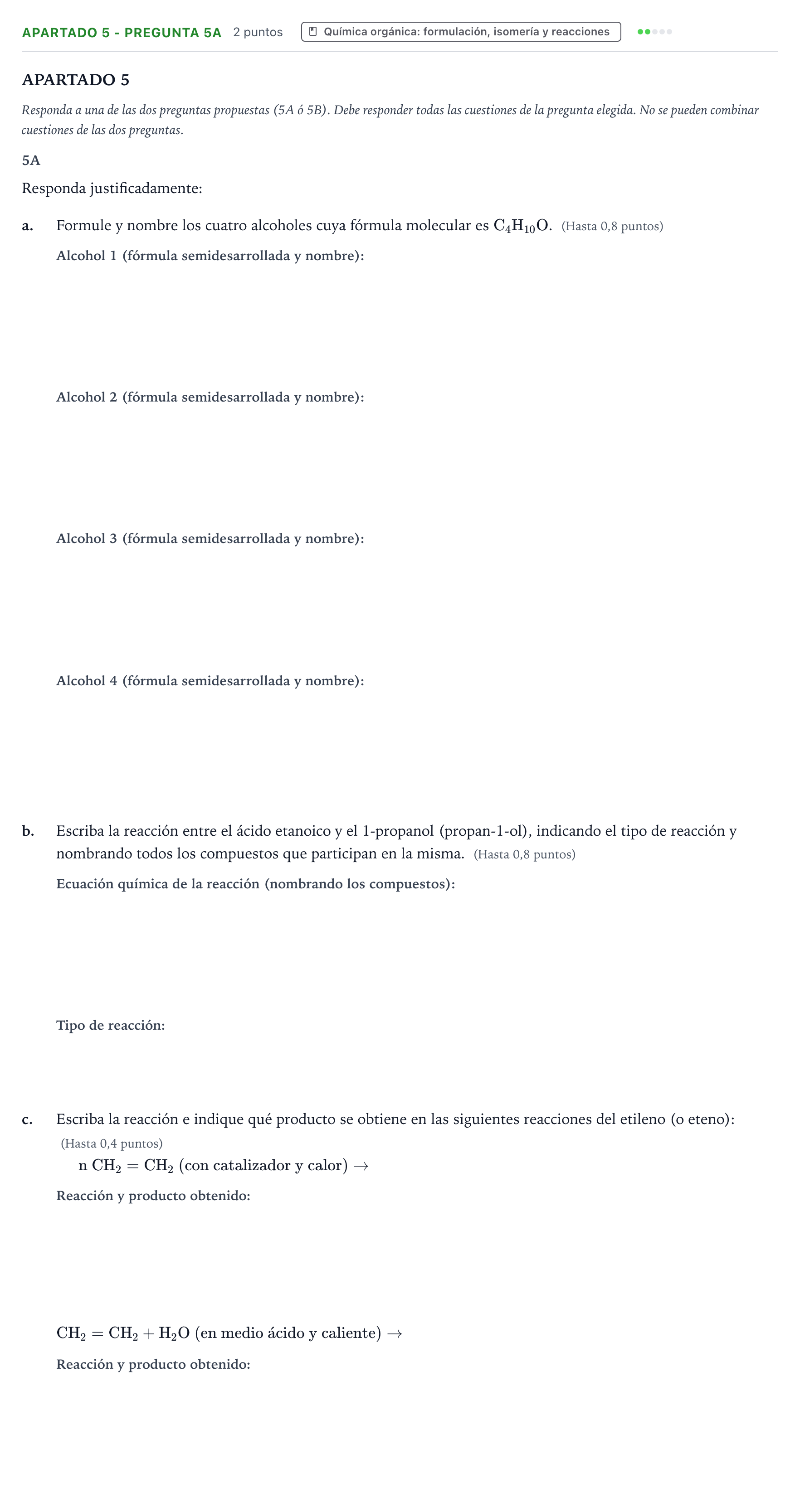 Enunciado: Apartado 5 - Pregunta 5A · Química PAU Castilla y León Extraordinaria 2026