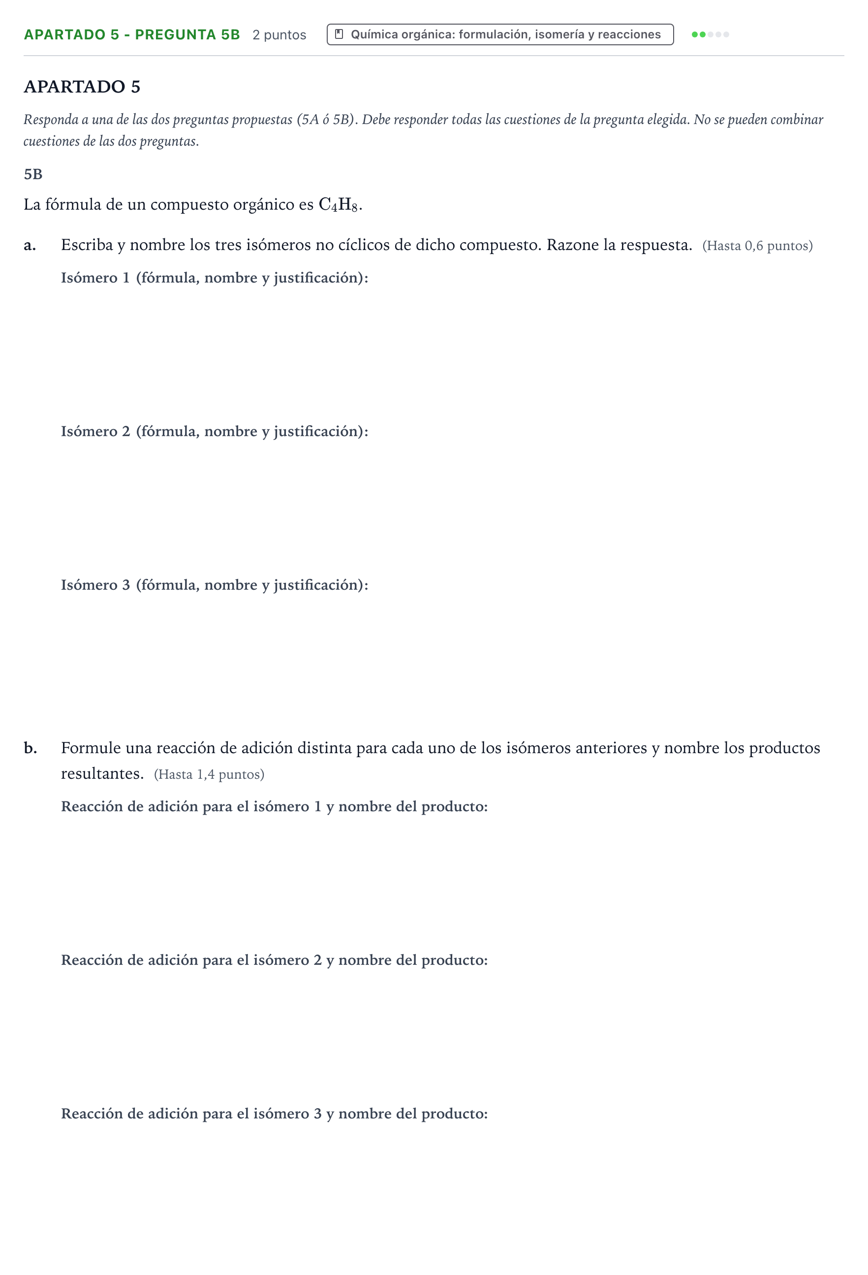 Enunciado: Apartado 5 - Pregunta 5B · Química PAU Castilla y León Extraordinaria 2026