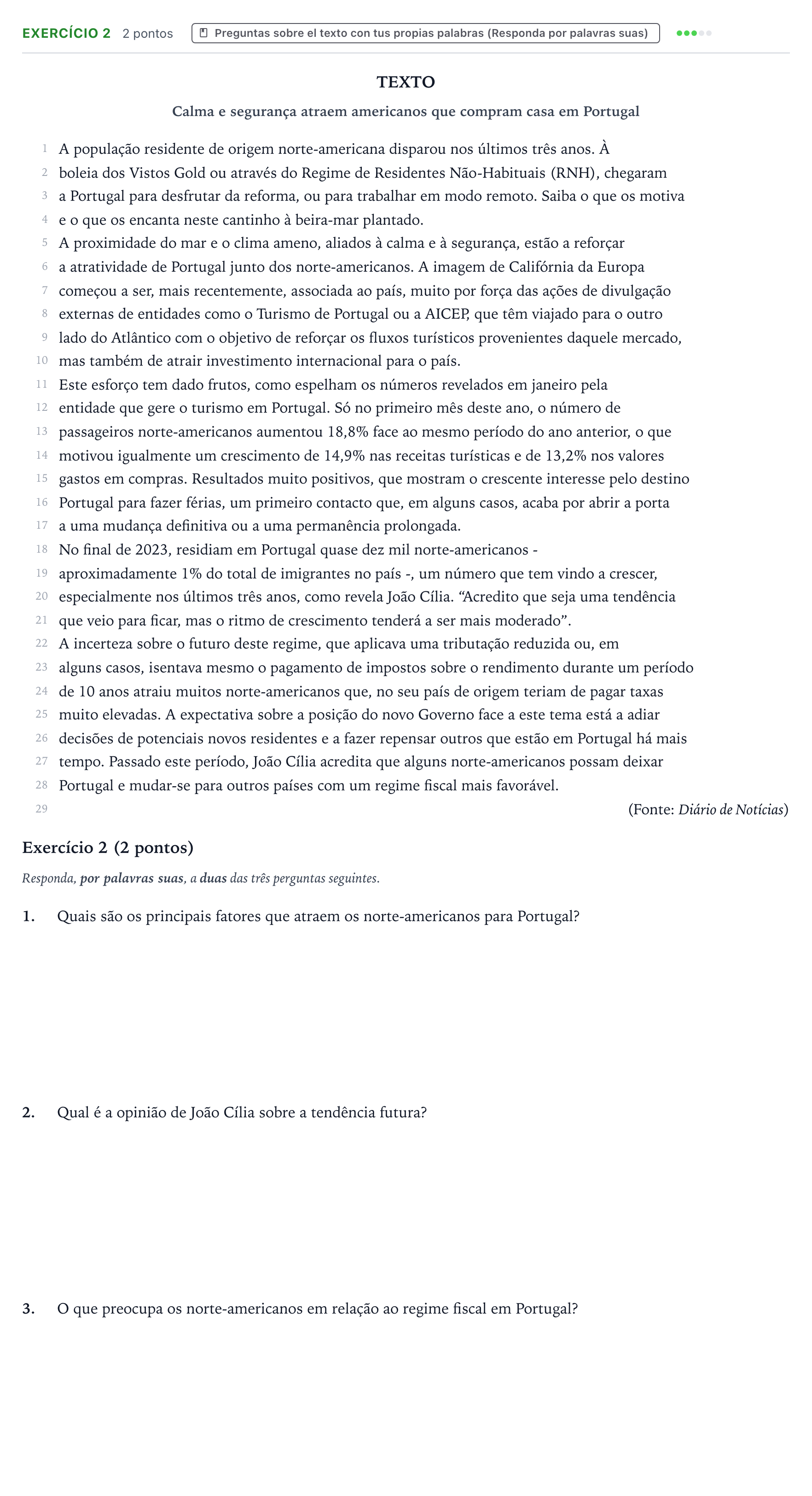 Enunciado: Ejercicio Exercício 2 · Portugués PAU Castilla y León Ordinaria 2026
