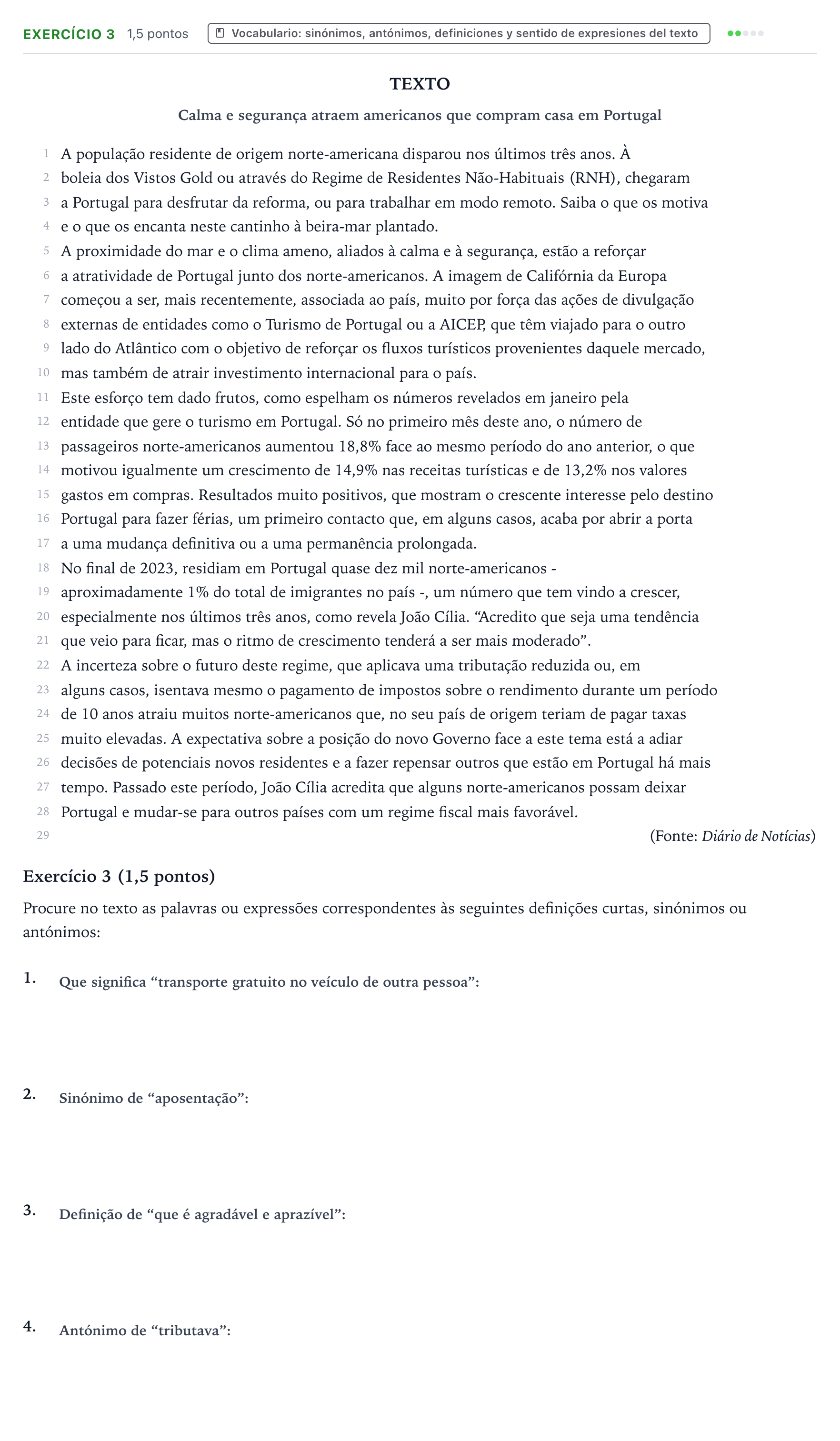Enunciado: Ejercicio Exercício 3 · Portugués PAU Castilla y León Ordinaria 2026