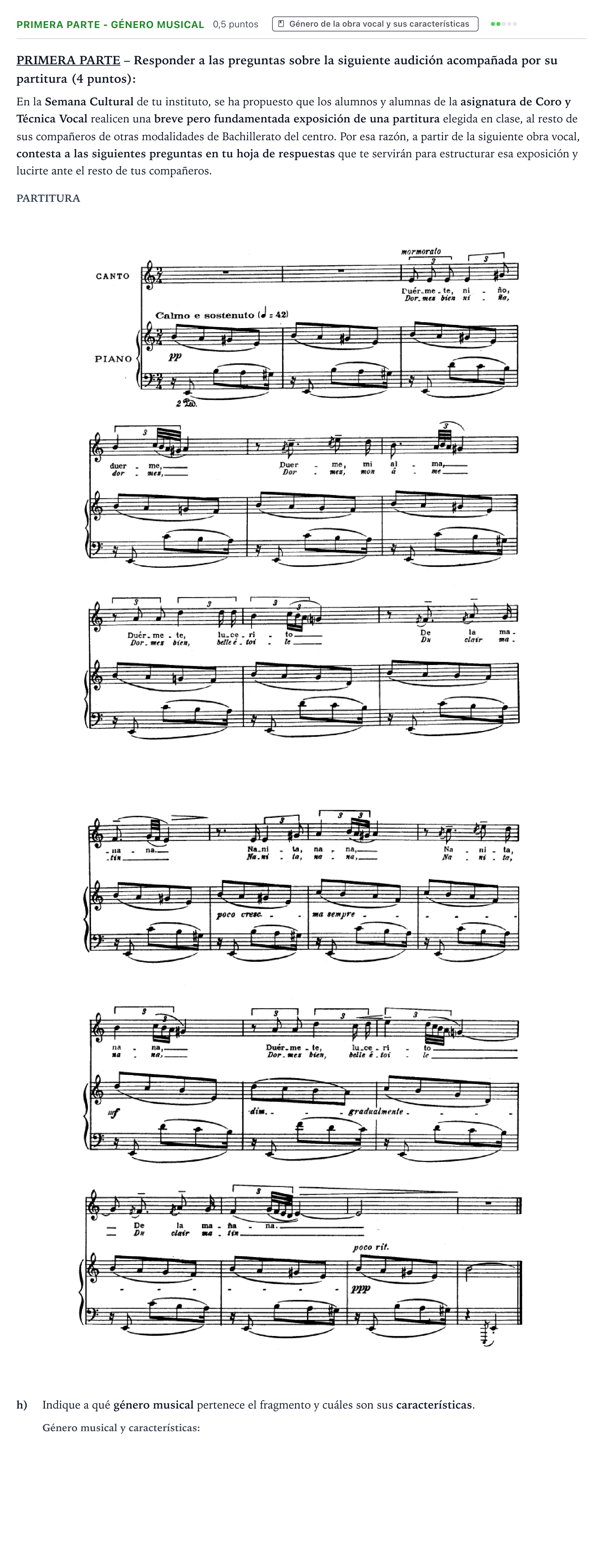 Enunciado: Ejercicio Primera parte - Género musical · Coro y Técnica Vocal PAU Castilla y León Ordinaria 2026