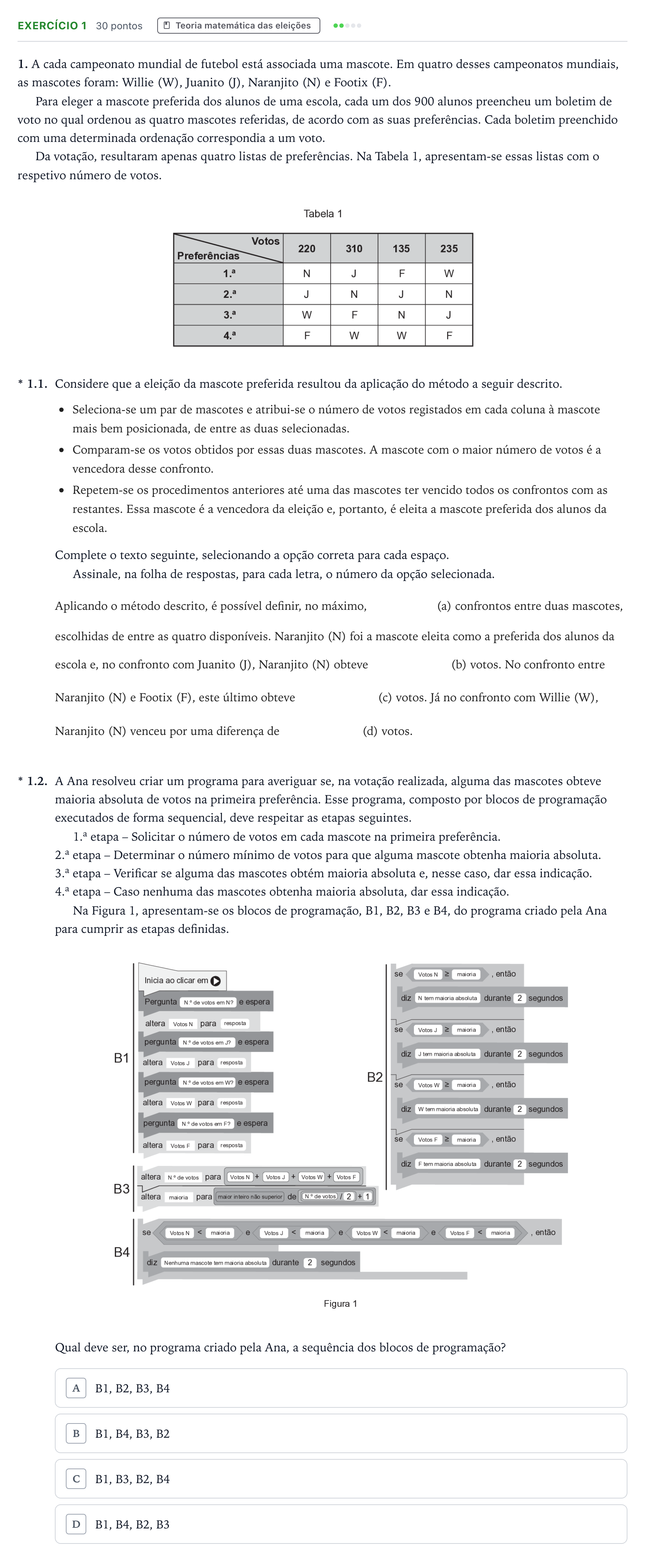Enunciado: Exercício 1 · Exame Nacional Matemática Aplicada às Ciências Sociais 1.ª fase 2026