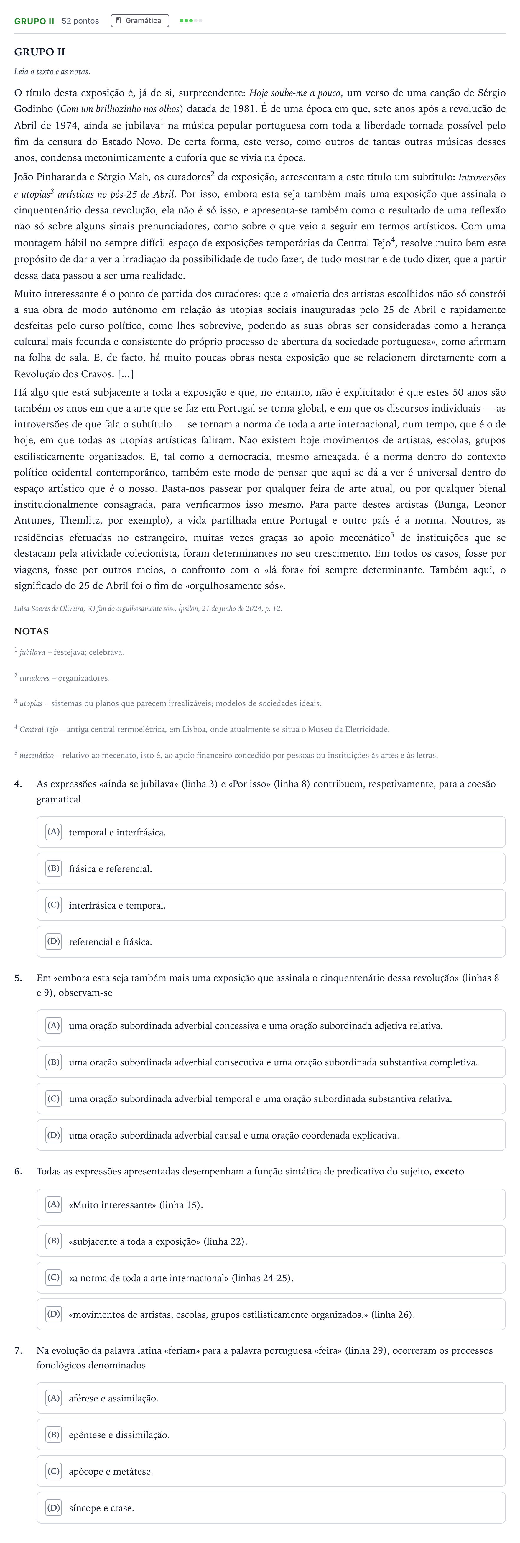 Enunciado: Grupo II · Exame Nacional Português Época especial 2025