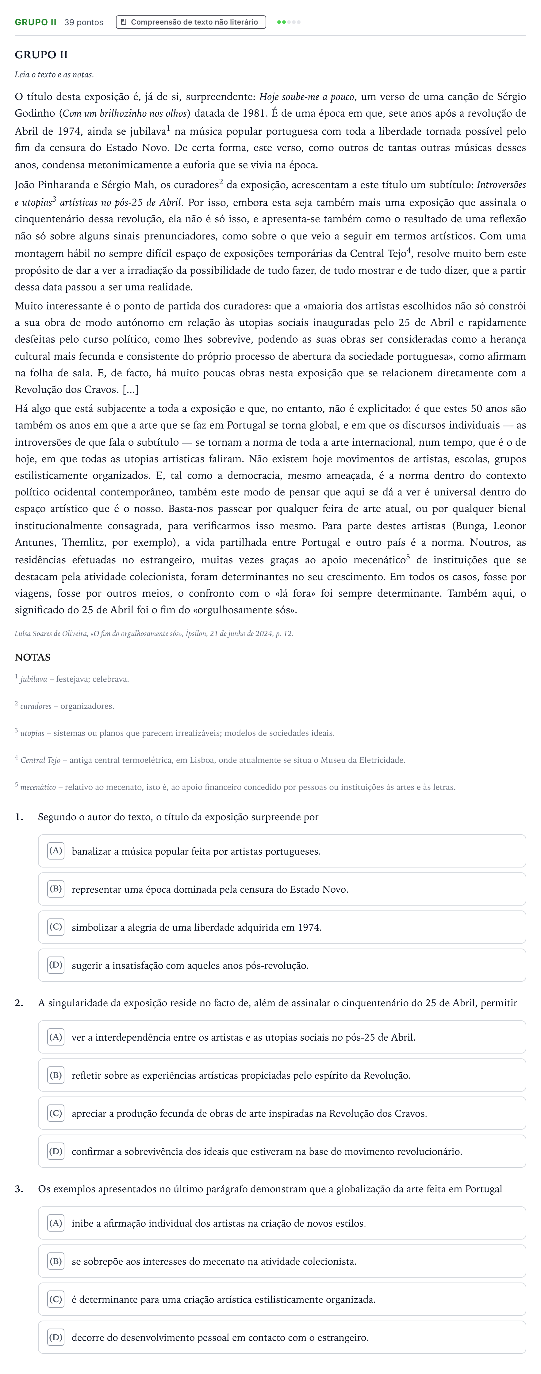 Enunciado: Grupo II · Exame Nacional Português Época especial 2025
