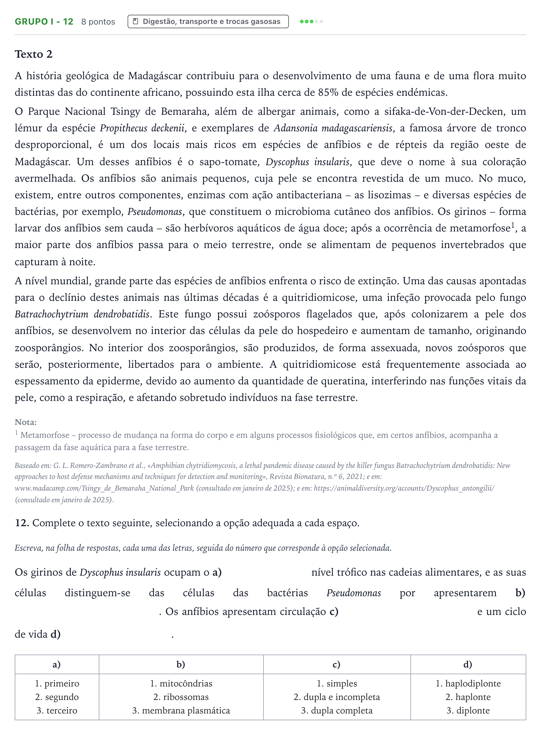 Enunciado: Grupo I - 12 · Exame Nacional Biologia e Geologia Época especial 2025