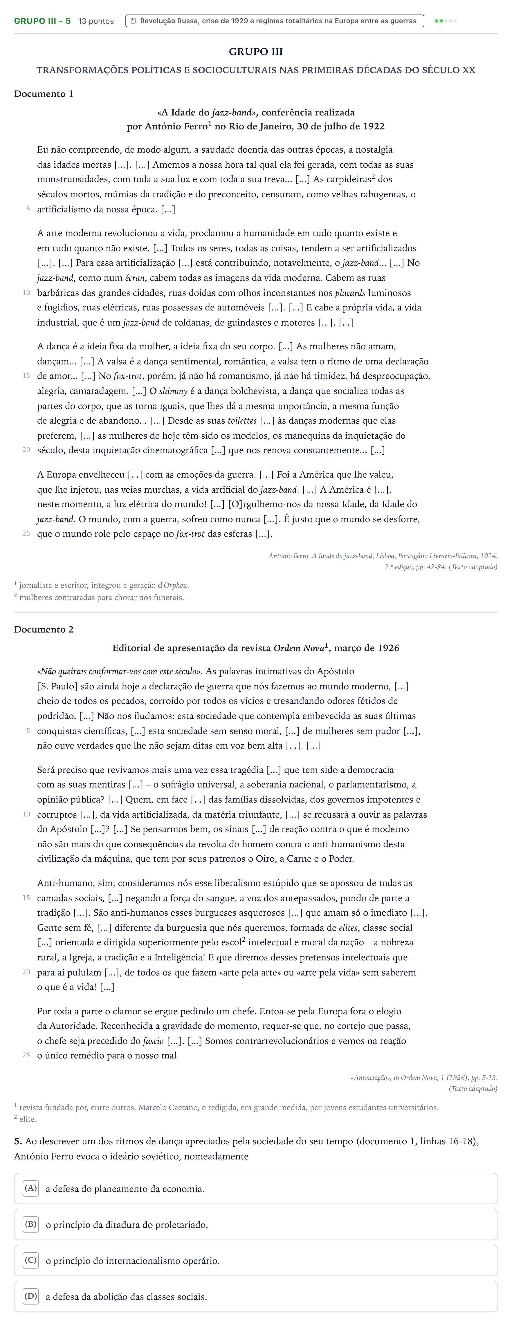 Enunciado: Grupo III - 5 · Exame Nacional História A 1.ª fase 2025
