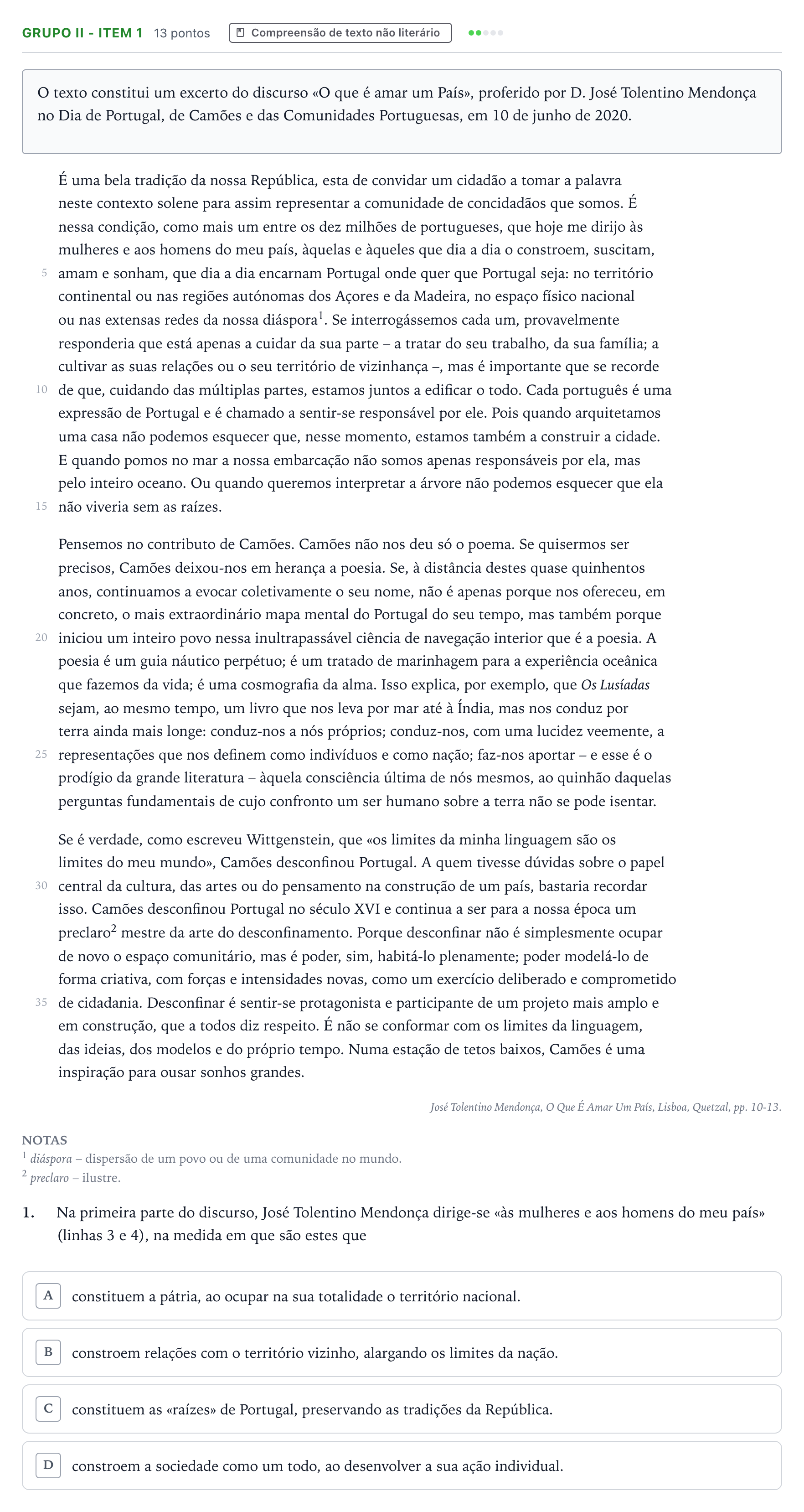 Enunciado: Grupo II - Item 1 · Exame Nacional Português 1.ª fase 2025