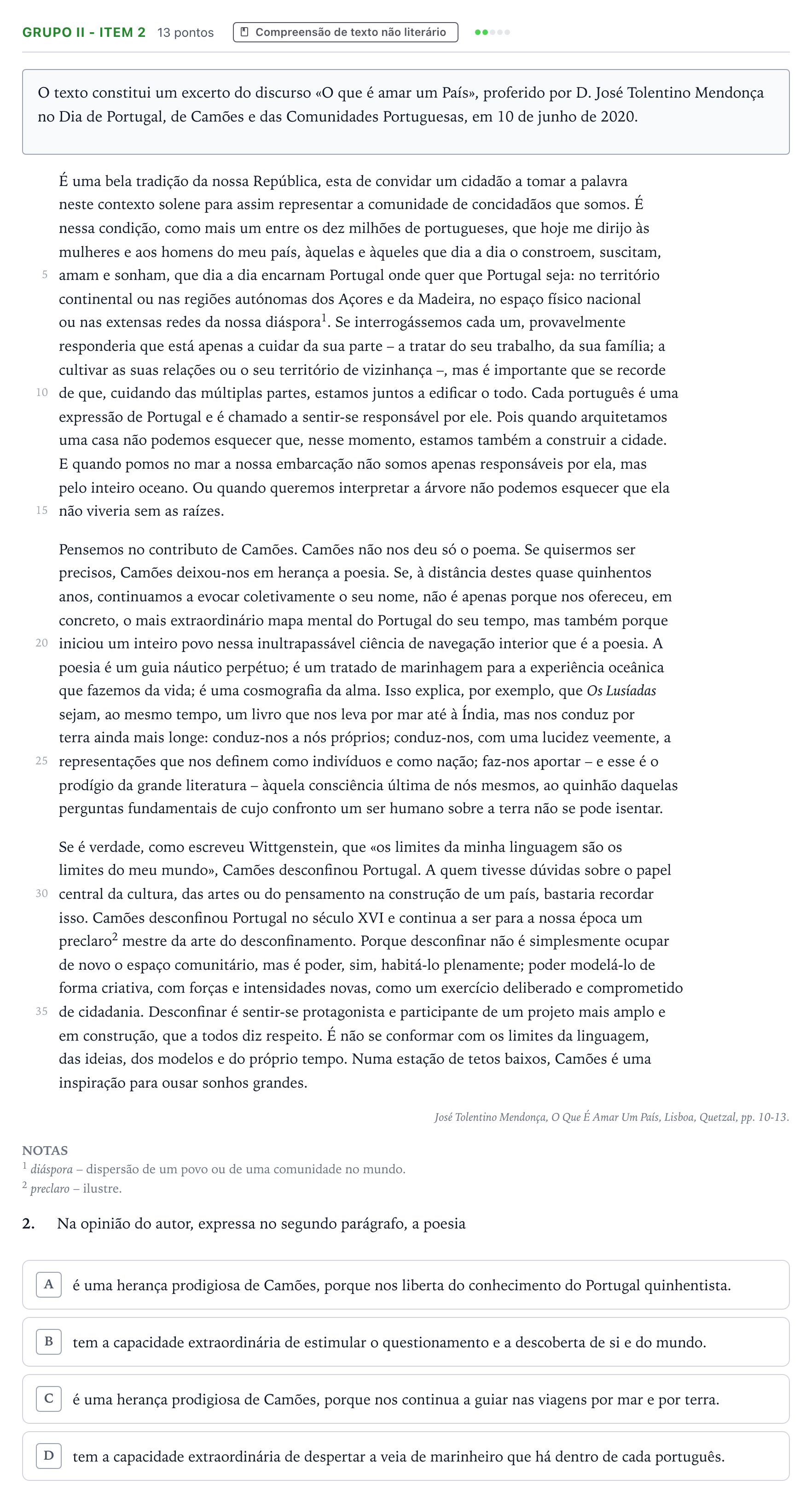 Enunciado: Grupo II - Item 2 · Exame Nacional Português 1.ª fase 2025