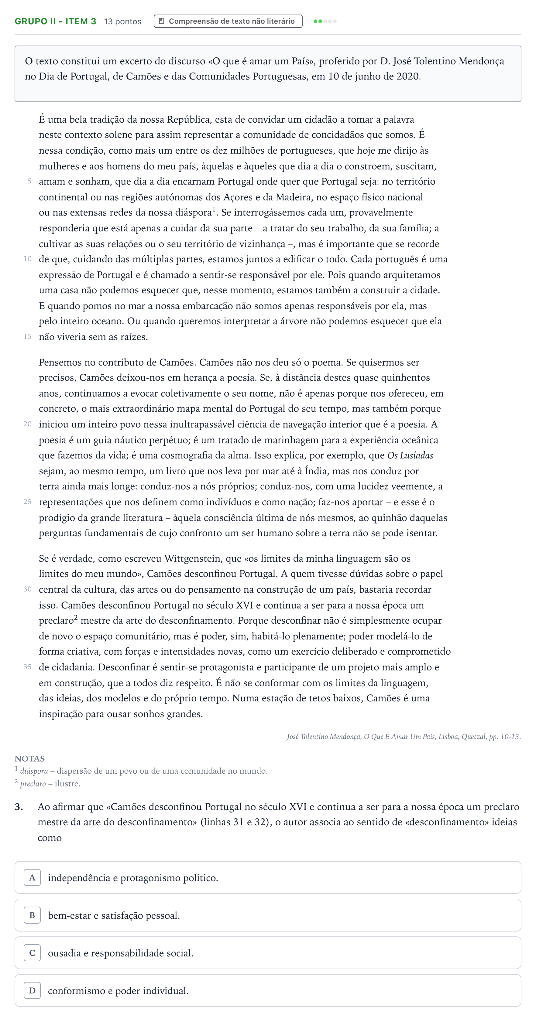 Enunciado: Grupo II - Item 3 · Exame Nacional Português 1.ª fase 2025