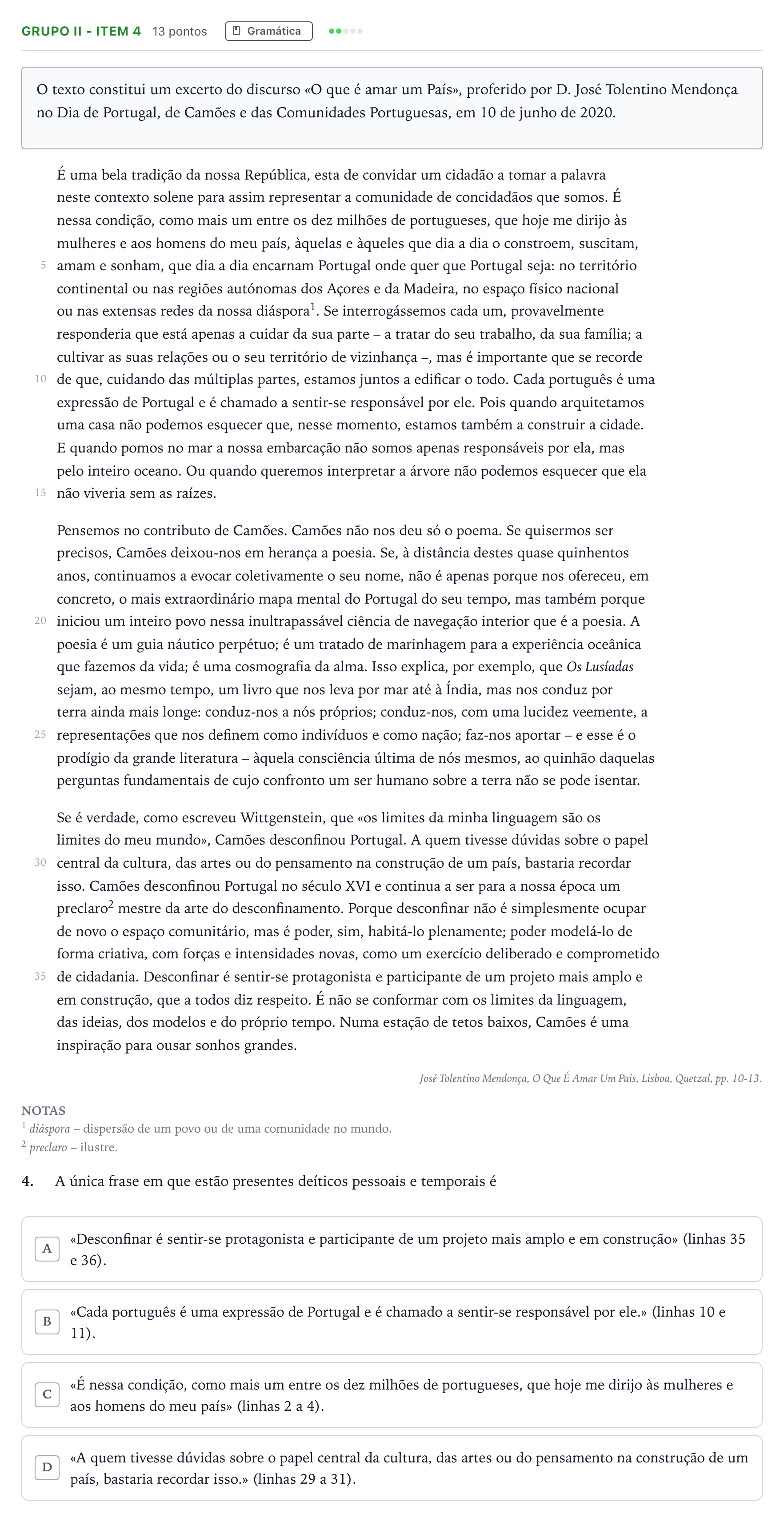 Enunciado: Grupo II - Item 4 · Exame Nacional Português 1.ª fase 2025