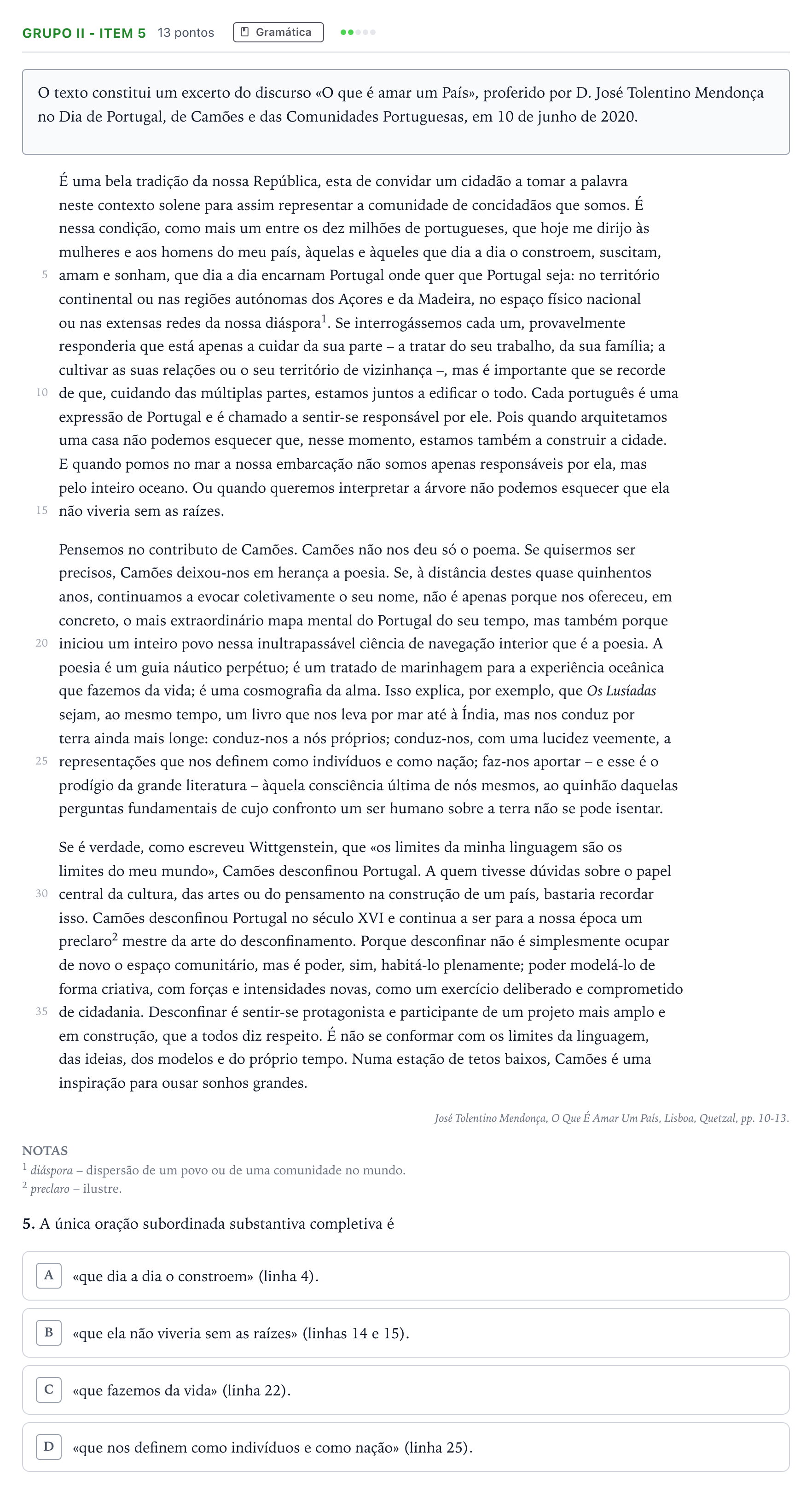 Enunciado: Grupo II - Item 5 · Exame Nacional Português 1.ª fase 2025
