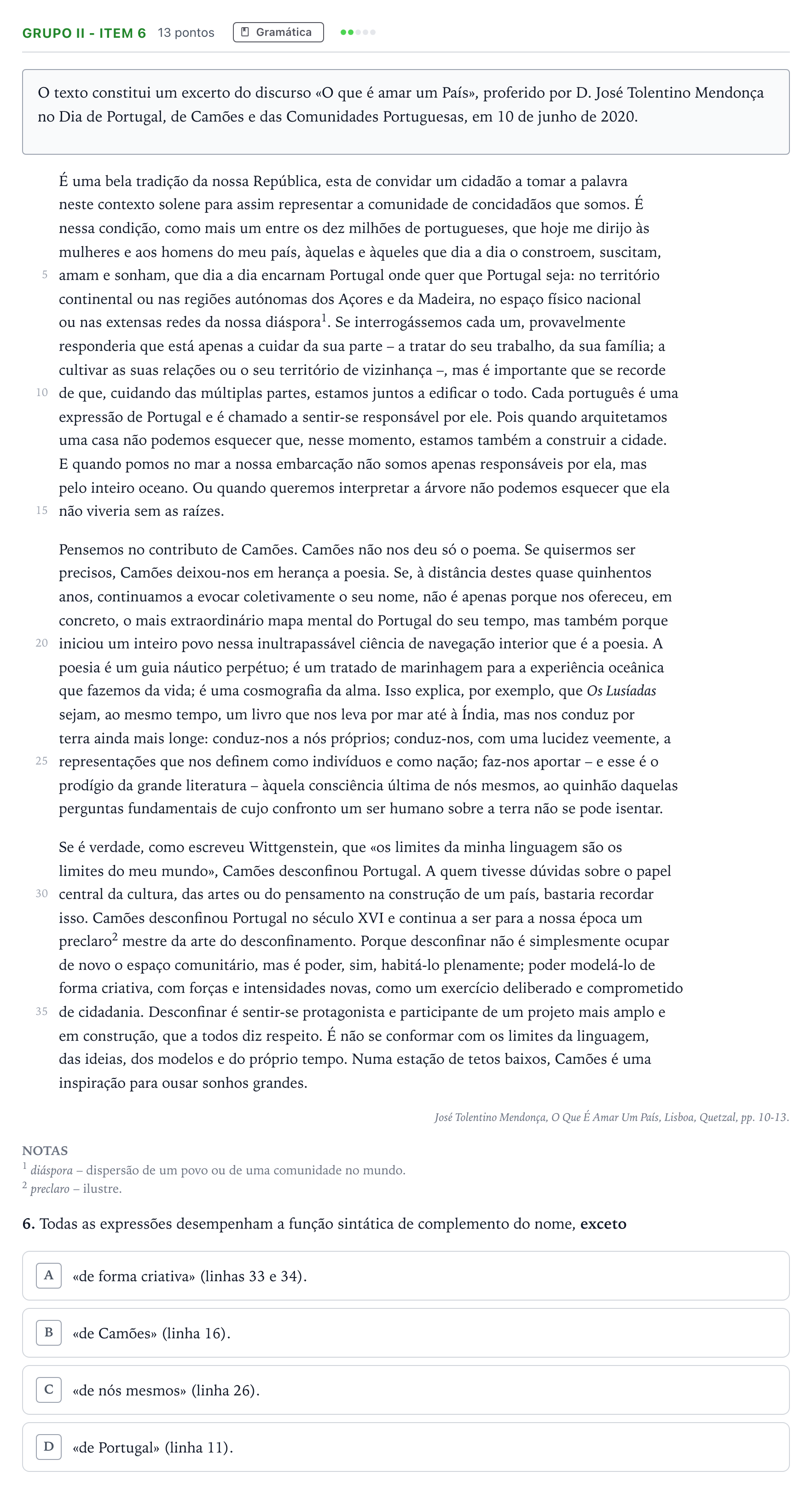 Enunciado: Grupo II - Item 6 · Exame Nacional Português 1.ª fase 2025