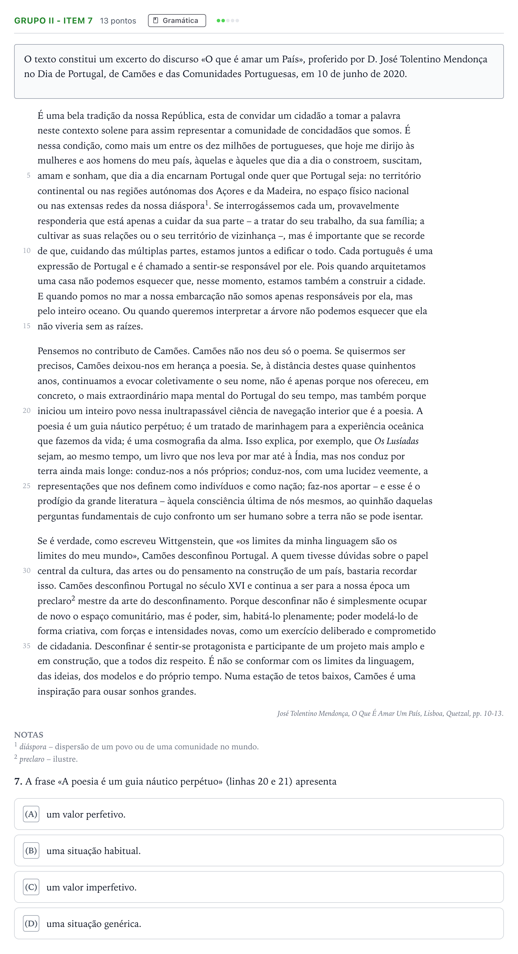 Enunciado: Grupo II - Item 7 · Exame Nacional Português 1.ª fase 2025