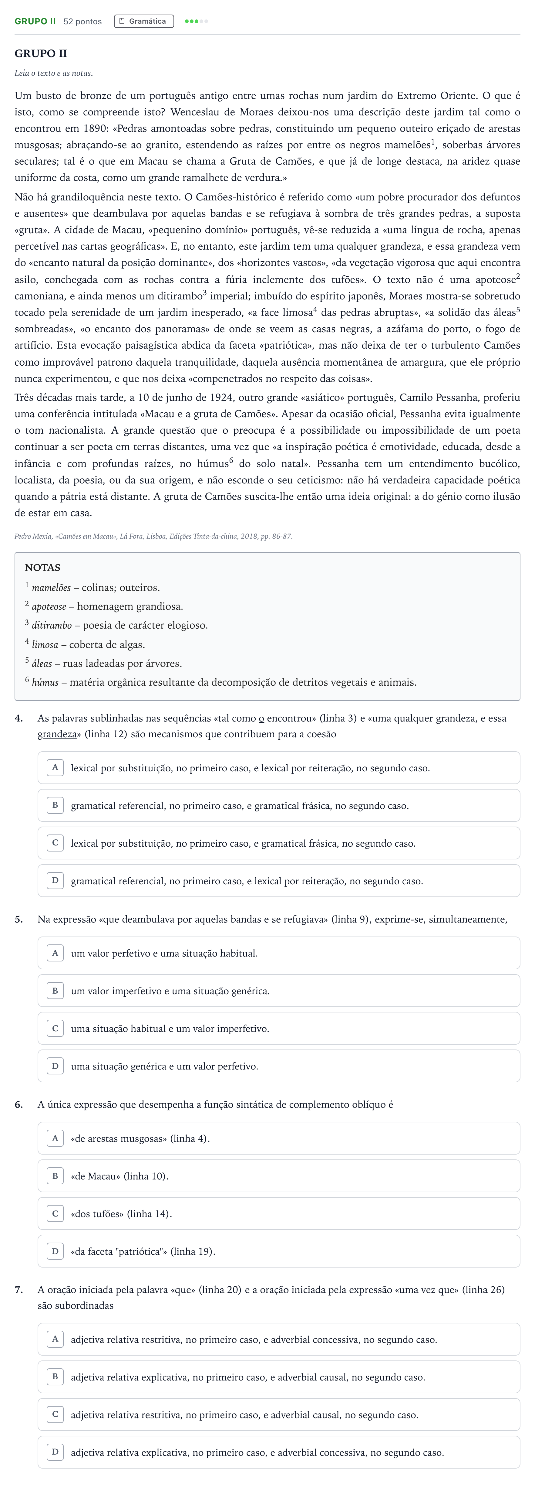 Enunciado: Grupo II · Exame Nacional Português 2.ª fase 2025
