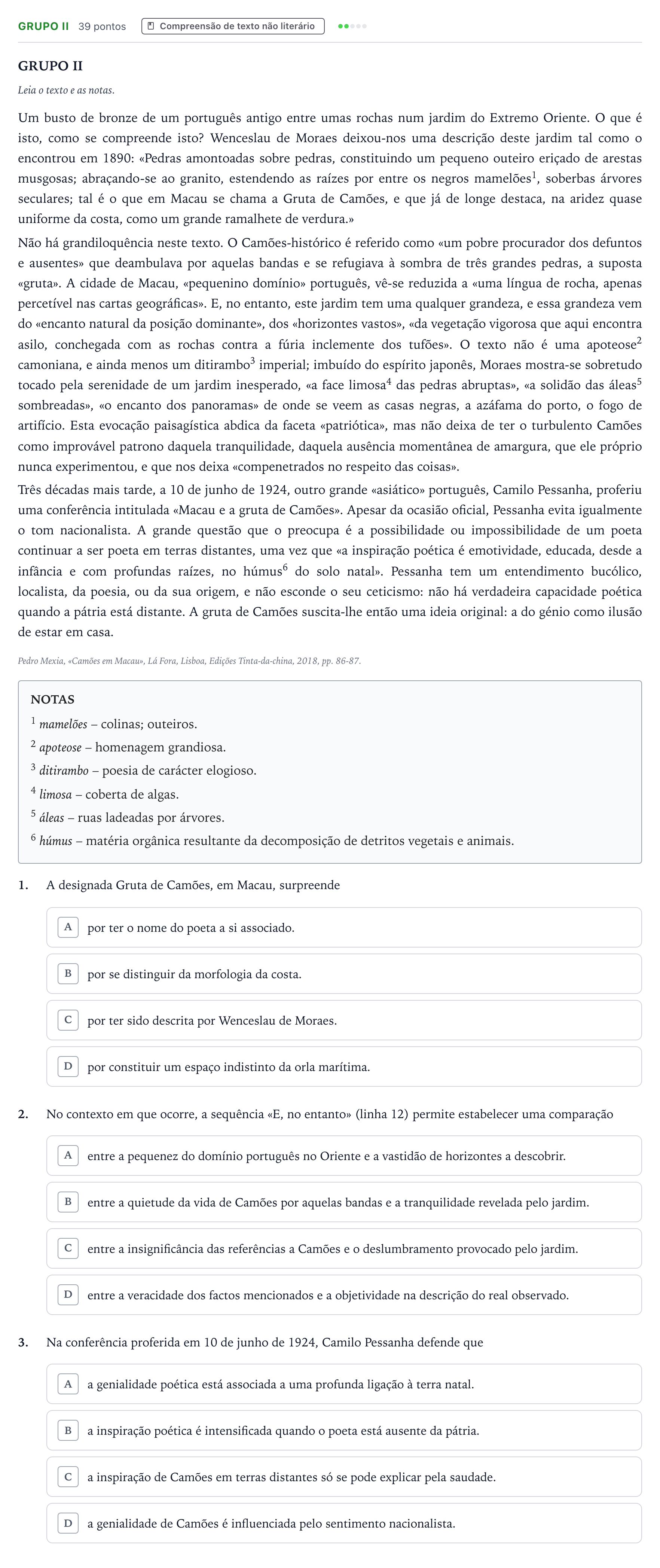 Enunciado: Grupo II · Exame Nacional Português 2.ª fase 2025