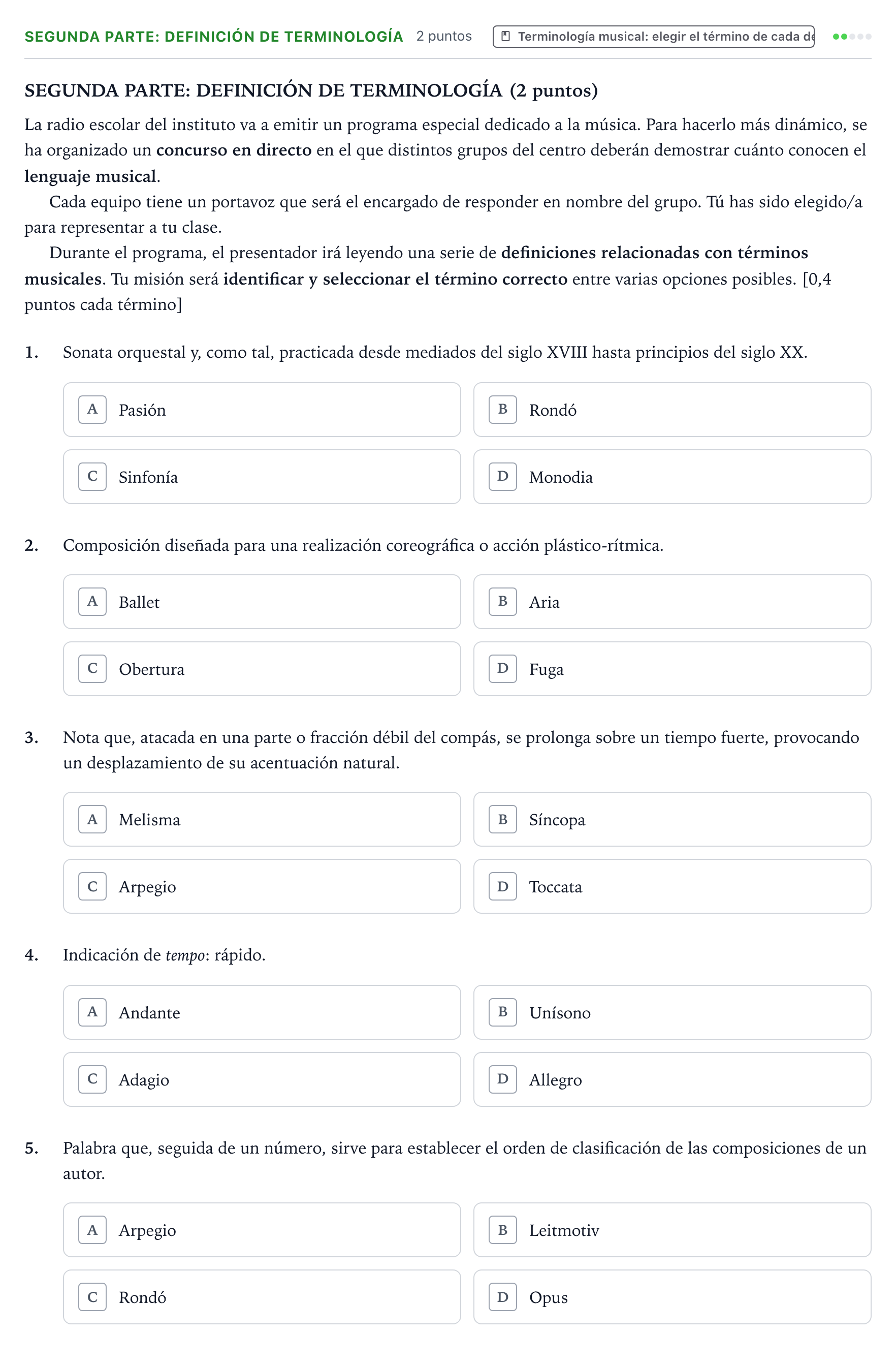Enunciado: Ejercicio Segunda parte: Definición de terminología · Historia de la Música y de la Danza PAU Castilla y León Extraordinaria 2026