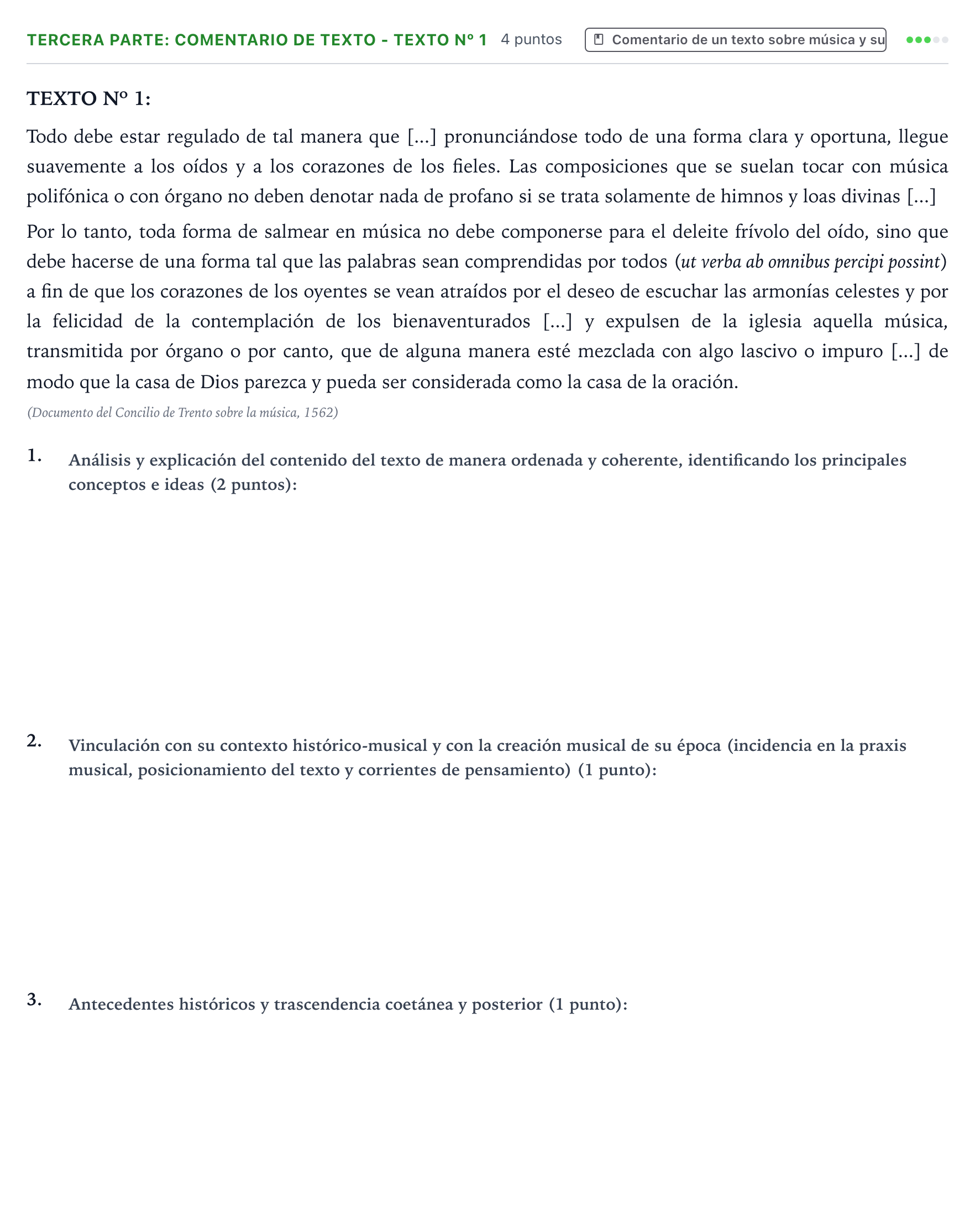 Enunciado: Ejercicio Tercera parte: Comentario de texto - Texto nº 1 · Historia de la Música y de la Danza PAU Castilla y León Extraordinaria 2026