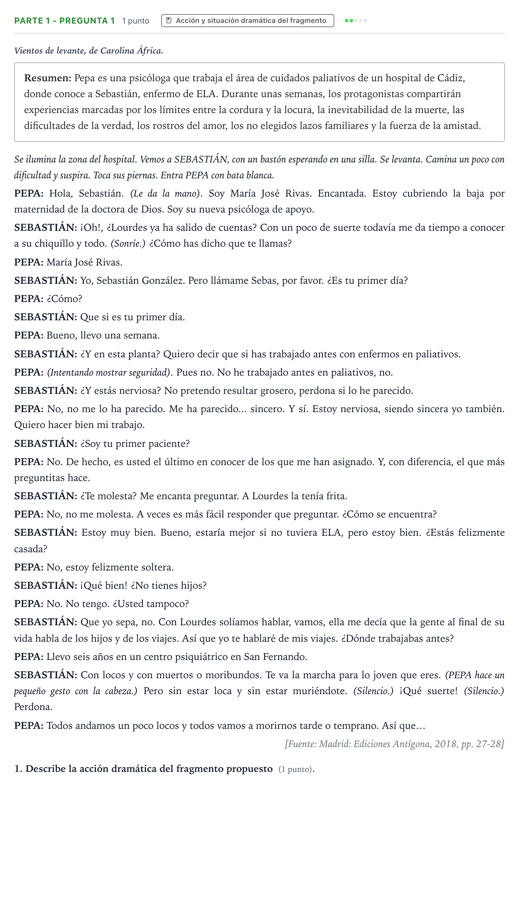 Enunciado: Ejercicio Parte 1 - Pregunta 1 · Literatura Dramática PAU Castilla y León Extraordinaria 2026