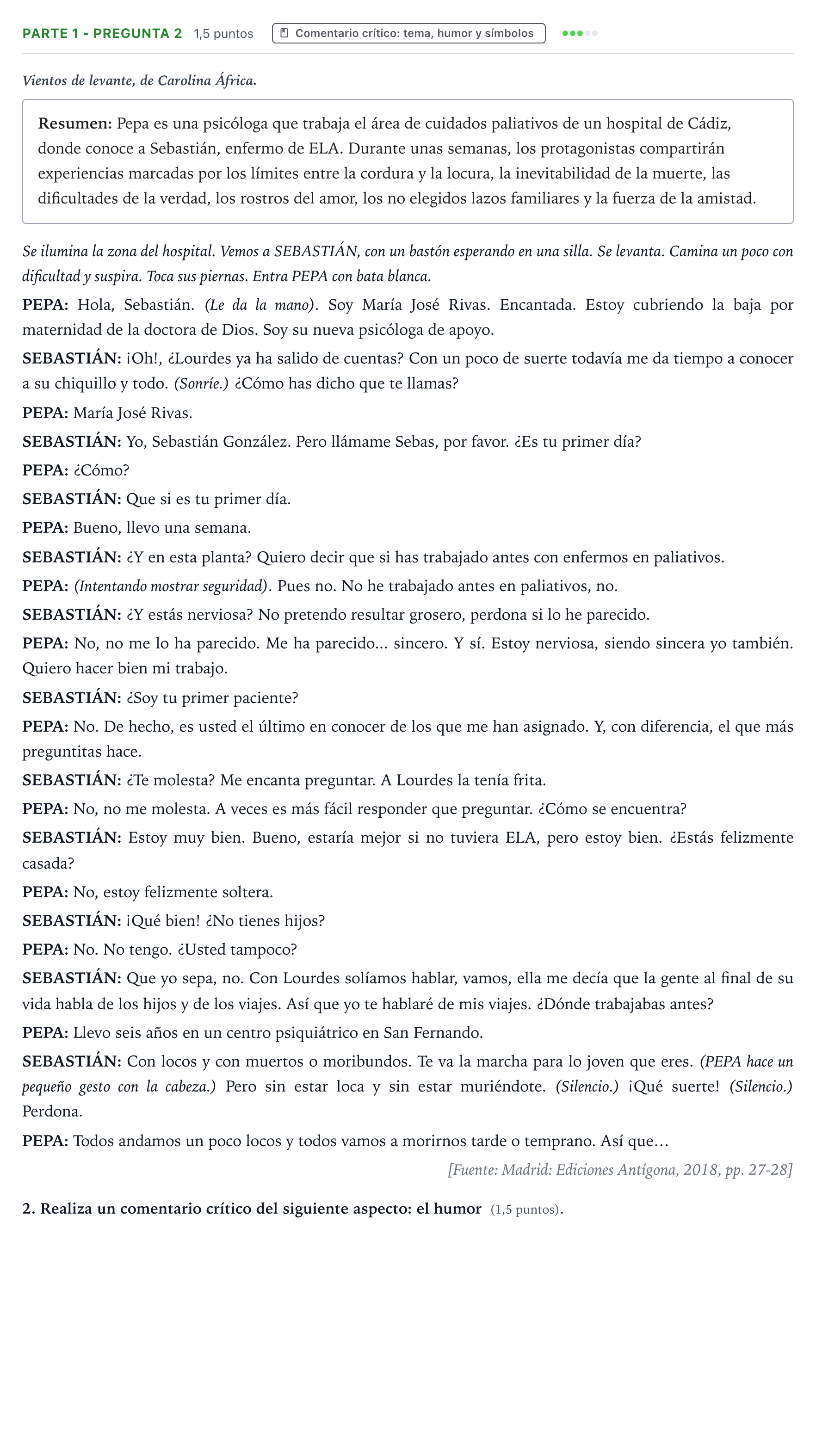 Enunciado: Ejercicio Parte 1 - Pregunta 2 · Literatura Dramática PAU Castilla y León Extraordinaria 2026