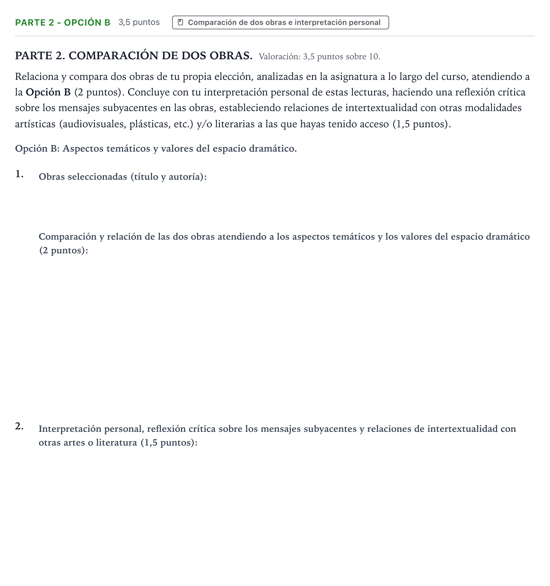 Enunciado: Ejercicio Parte 2 - Opción B · Literatura Dramática PAU Castilla y León Extraordinaria 2026