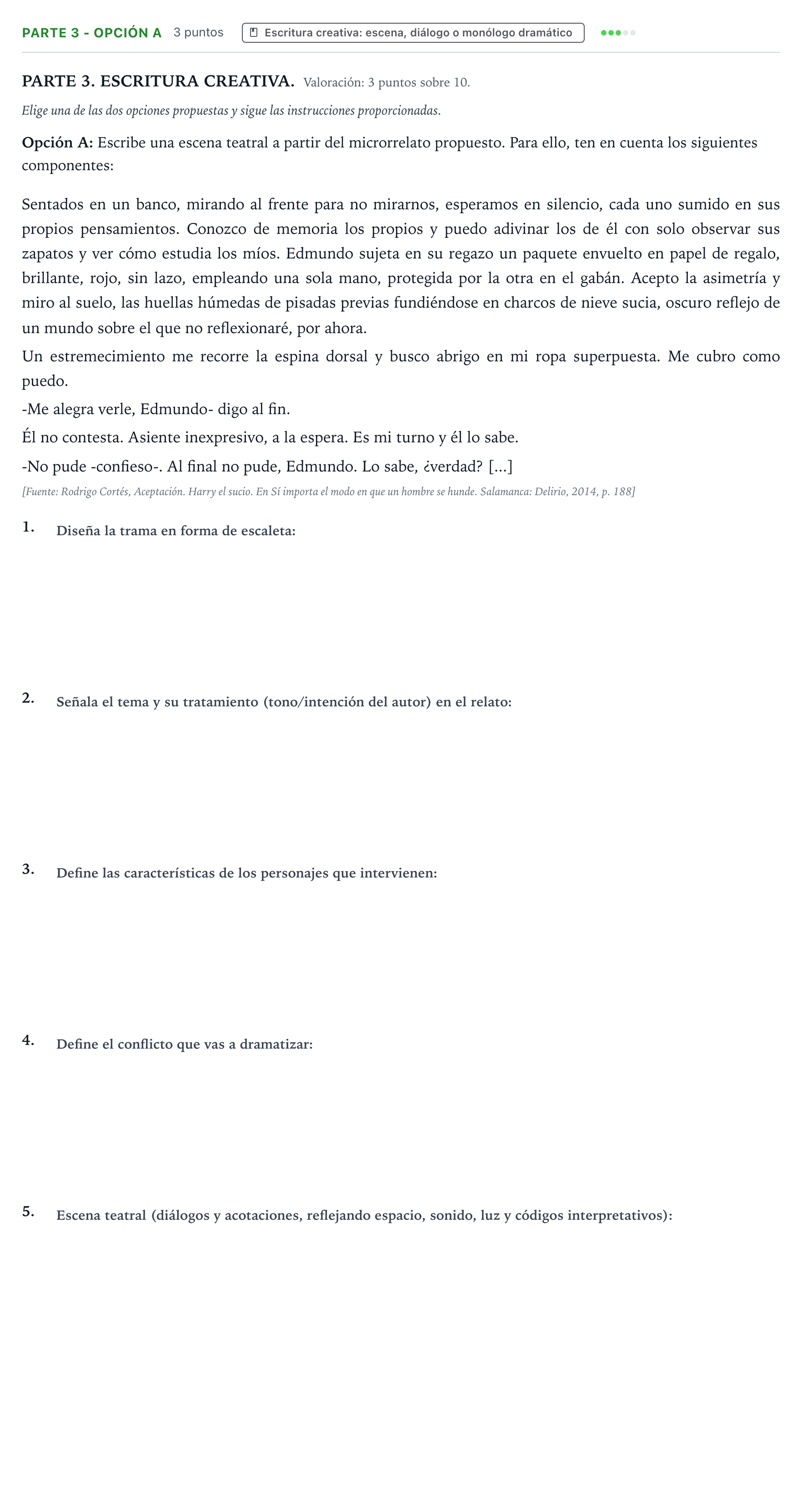Enunciado: Ejercicio Parte 3 - Opción A · Literatura Dramática PAU Castilla y León Extraordinaria 2026