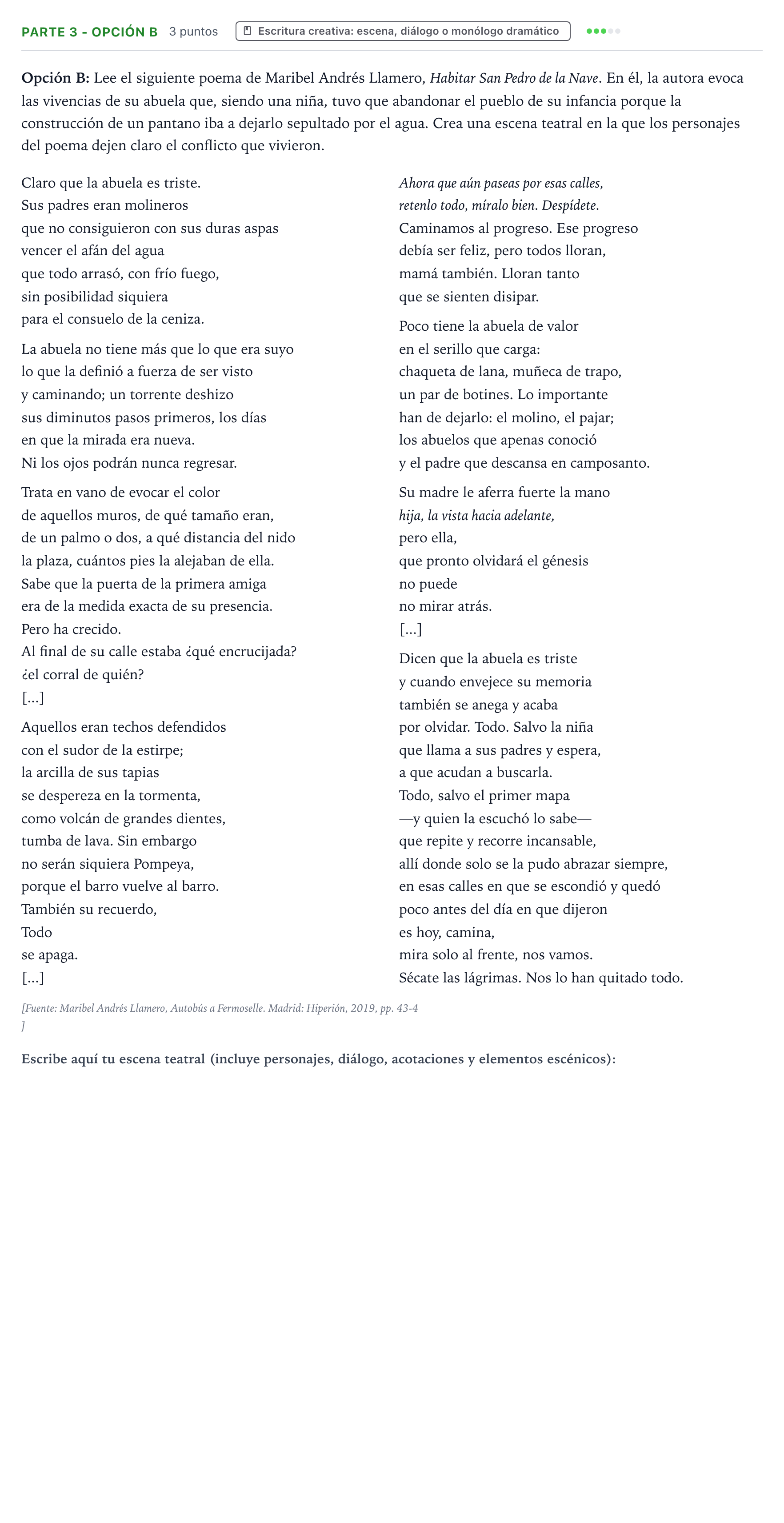 Enunciado: Ejercicio Parte 3 - Opción B · Literatura Dramática PAU Castilla y León Extraordinaria 2026