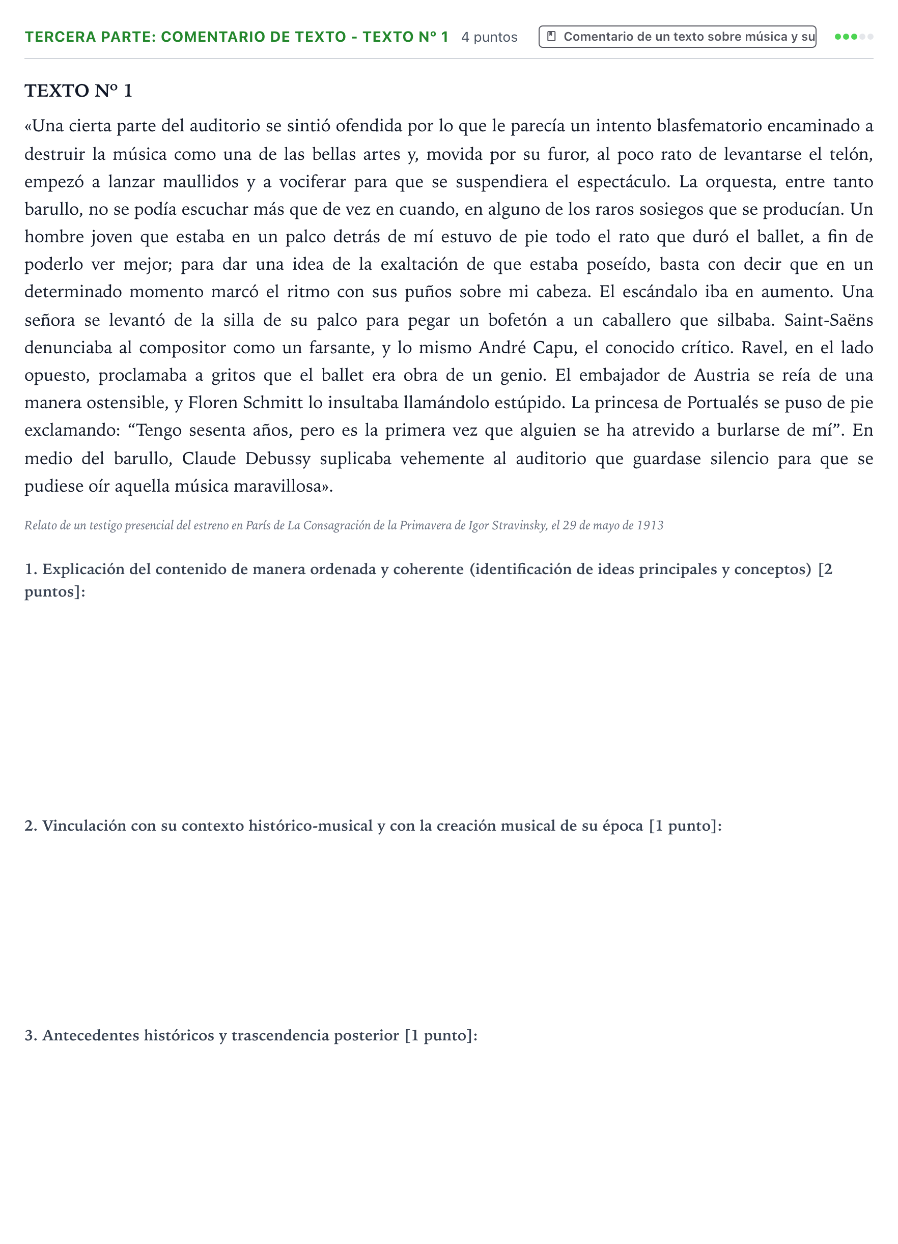Enunciado: Ejercicio Tercera parte: Comentario de texto - Texto nº 1 · Historia de la Música y de la Danza PAU Castilla y León Ordinaria 2026