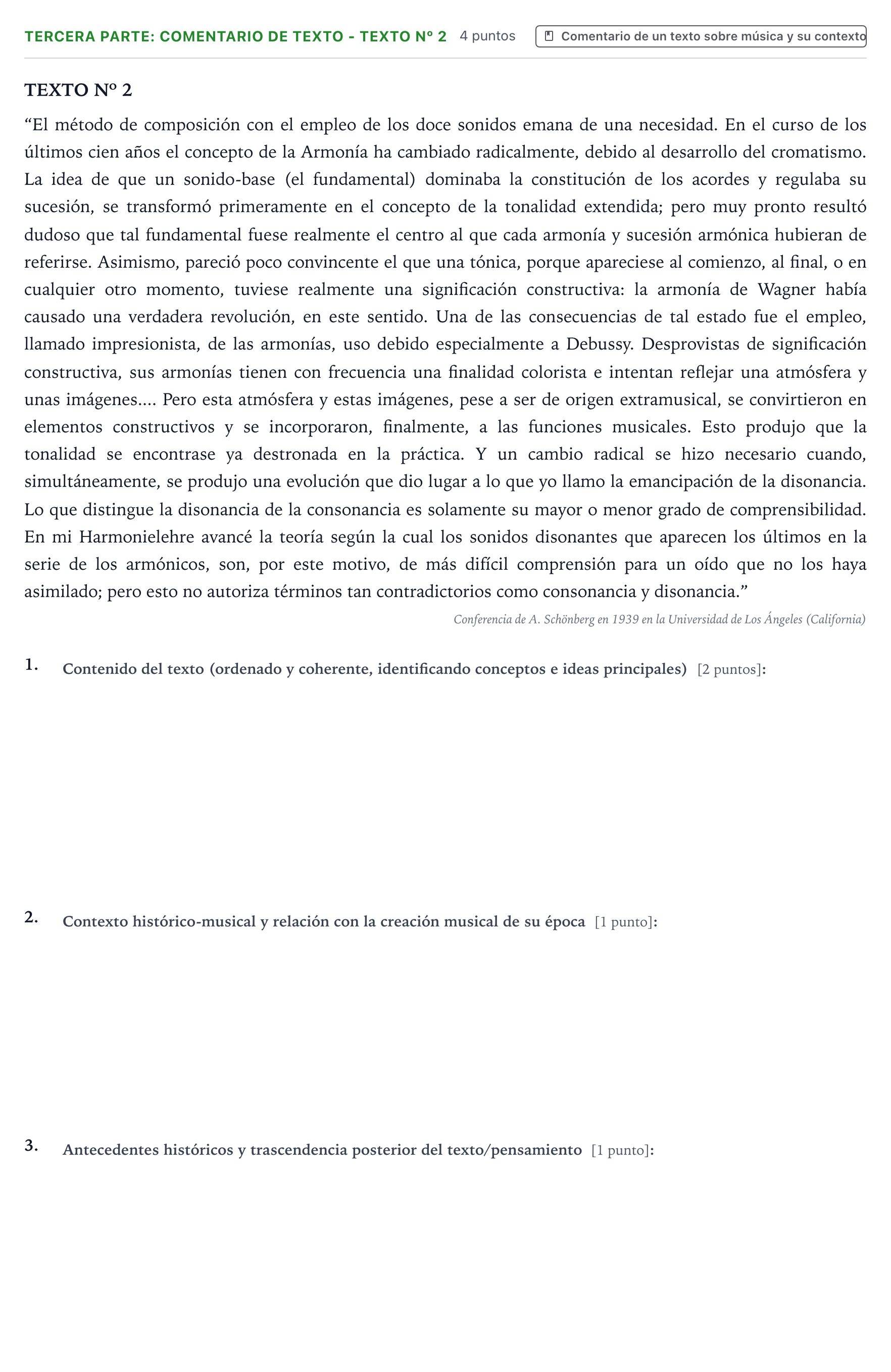Enunciado: Ejercicio Tercera parte: Comentario de texto - Texto nº 2 · Historia de la Música y de la Danza PAU Castilla y León Ordinaria 2026