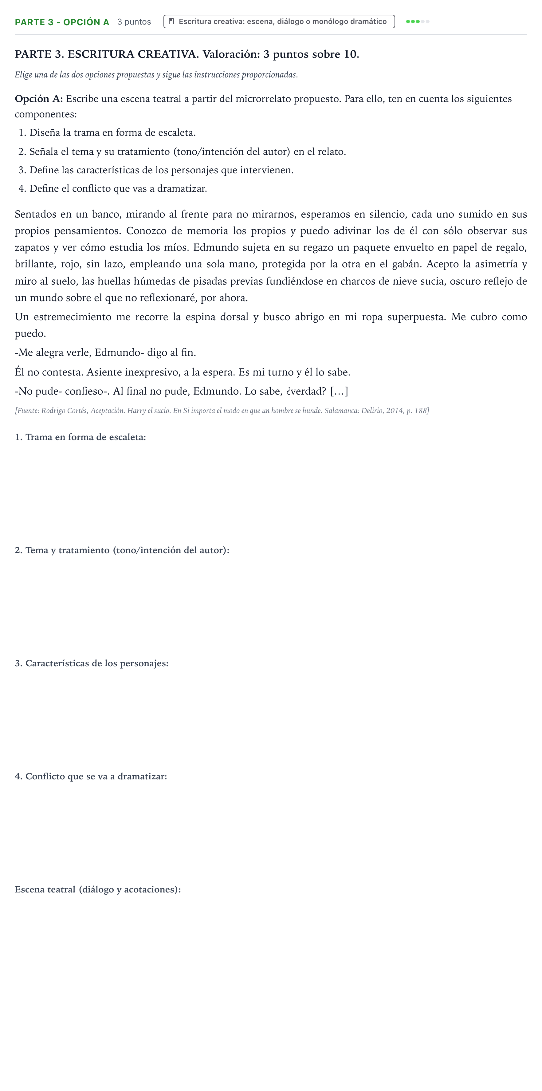 Enunciado: Ejercicio Parte 3 - Opción A · Literatura Dramática PAU Castilla y León Ordinaria 2026