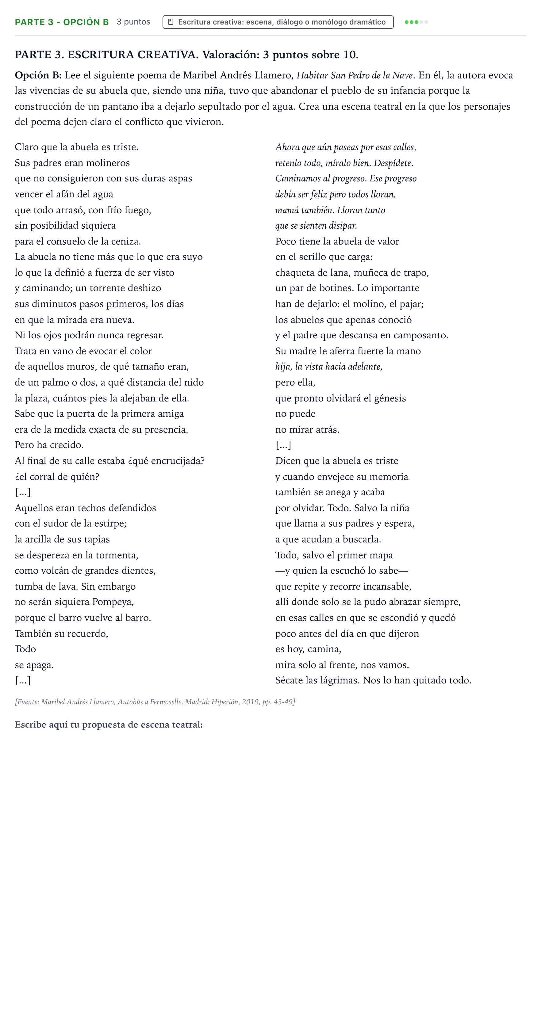 Enunciado: Ejercicio Parte 3 - Opción B · Literatura Dramática PAU Castilla y León Ordinaria 2026