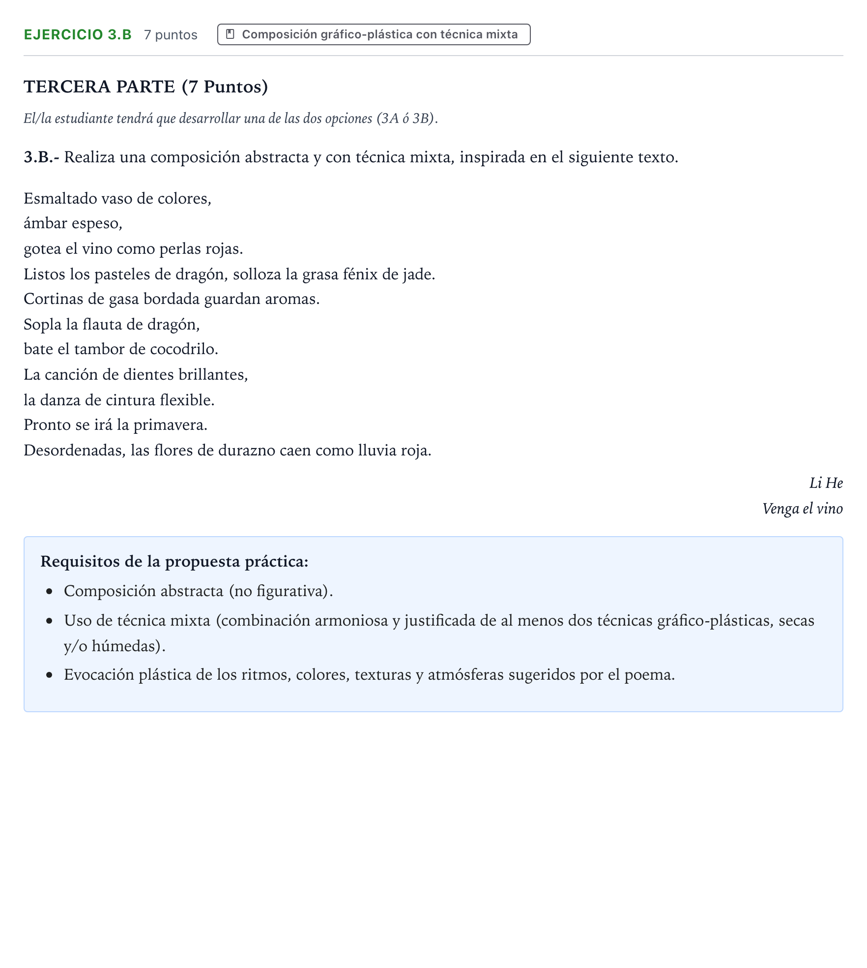Enunciado: Ejercicio 3.B · Técnicas de Expresión Gráfico-Plástica PAU Castilla y León Ordinaria 2026