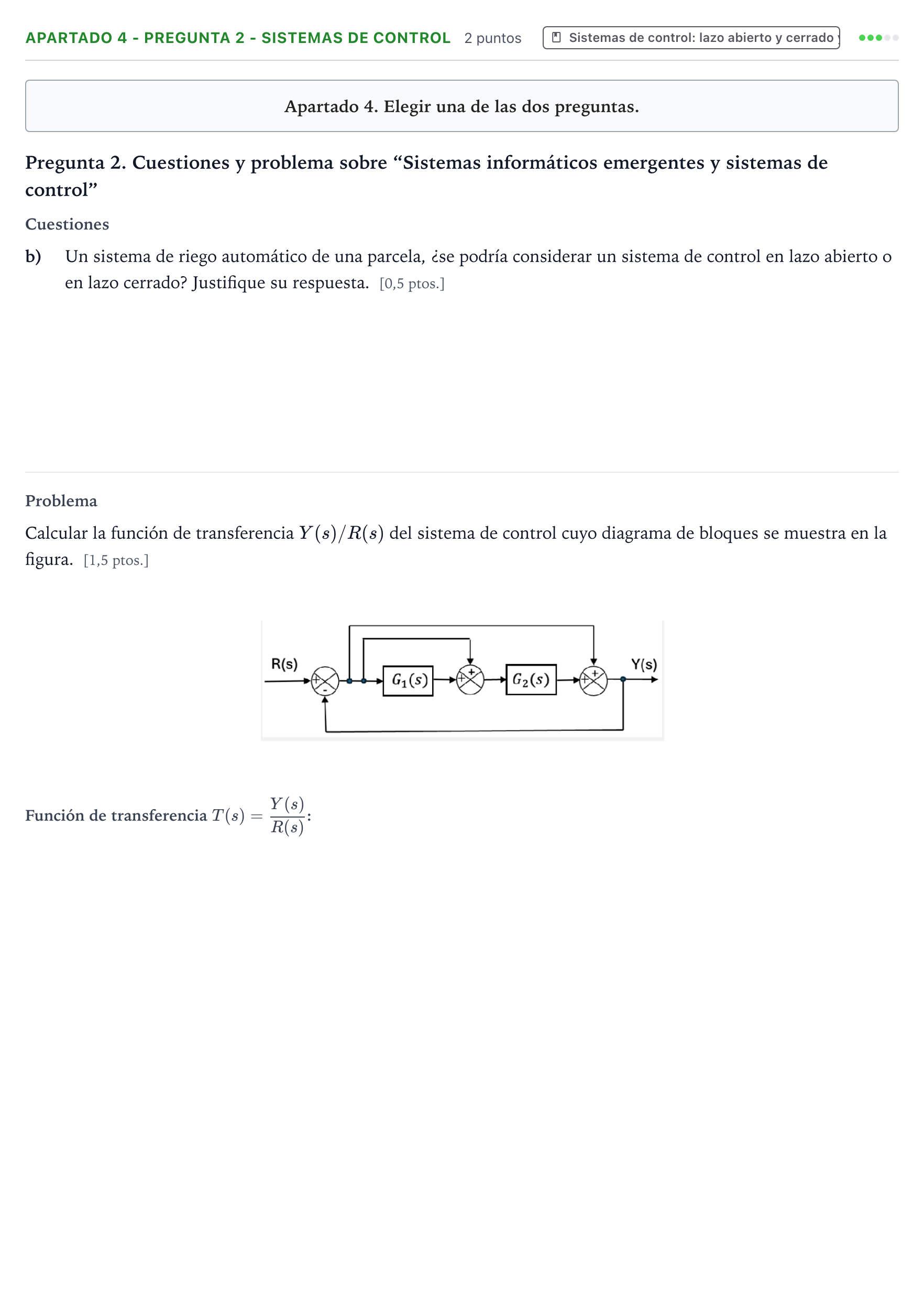 Enunciado: Apartado 4 - Pregunta 2 - Sistemas de control · Tecnología e Ingeniería II PAU Castilla y León Ordinaria 2026