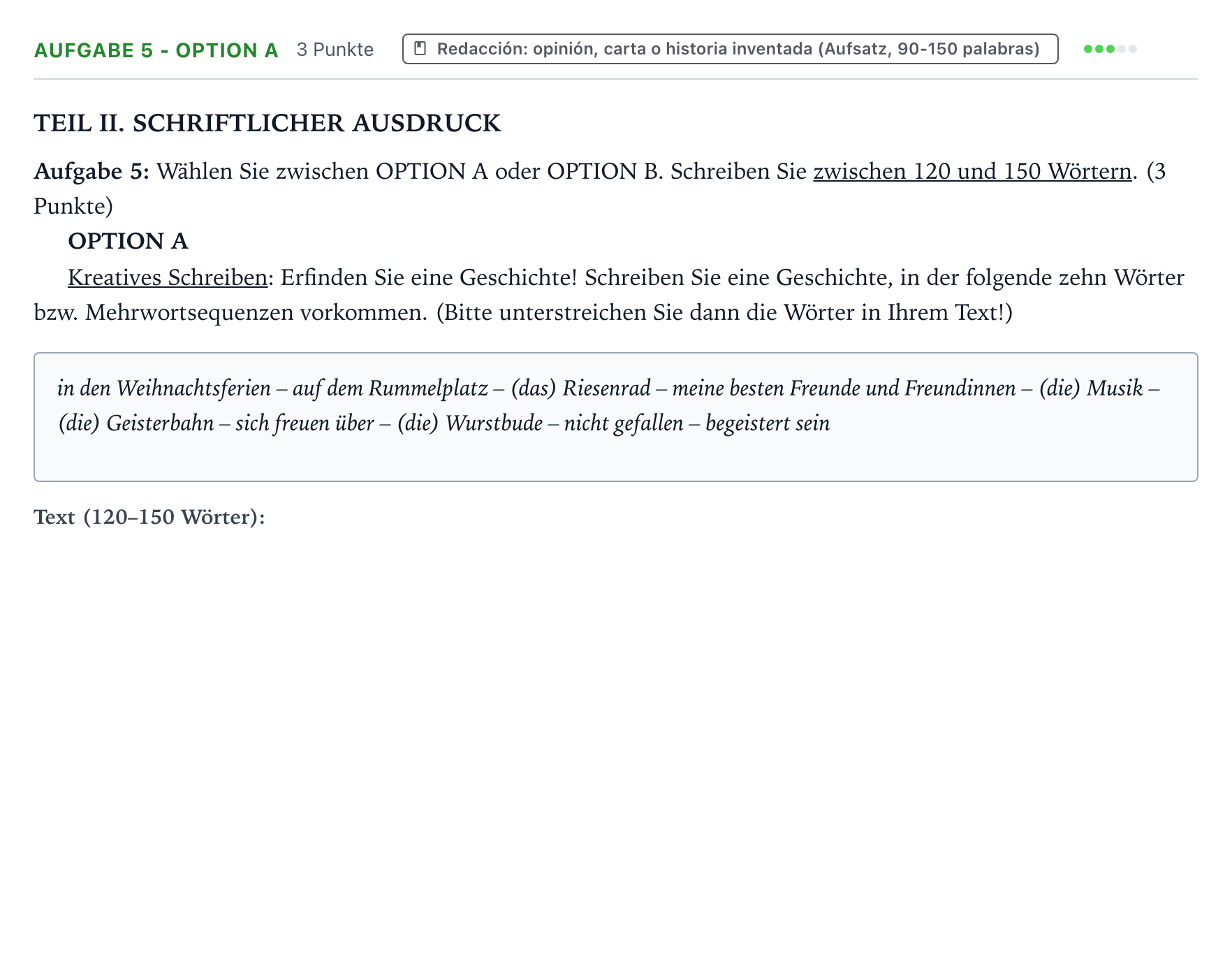 Enunciado: Ejercicio Aufgabe 5 - Option A · Alemán PAU Castilla y León Extraordinaria 2025