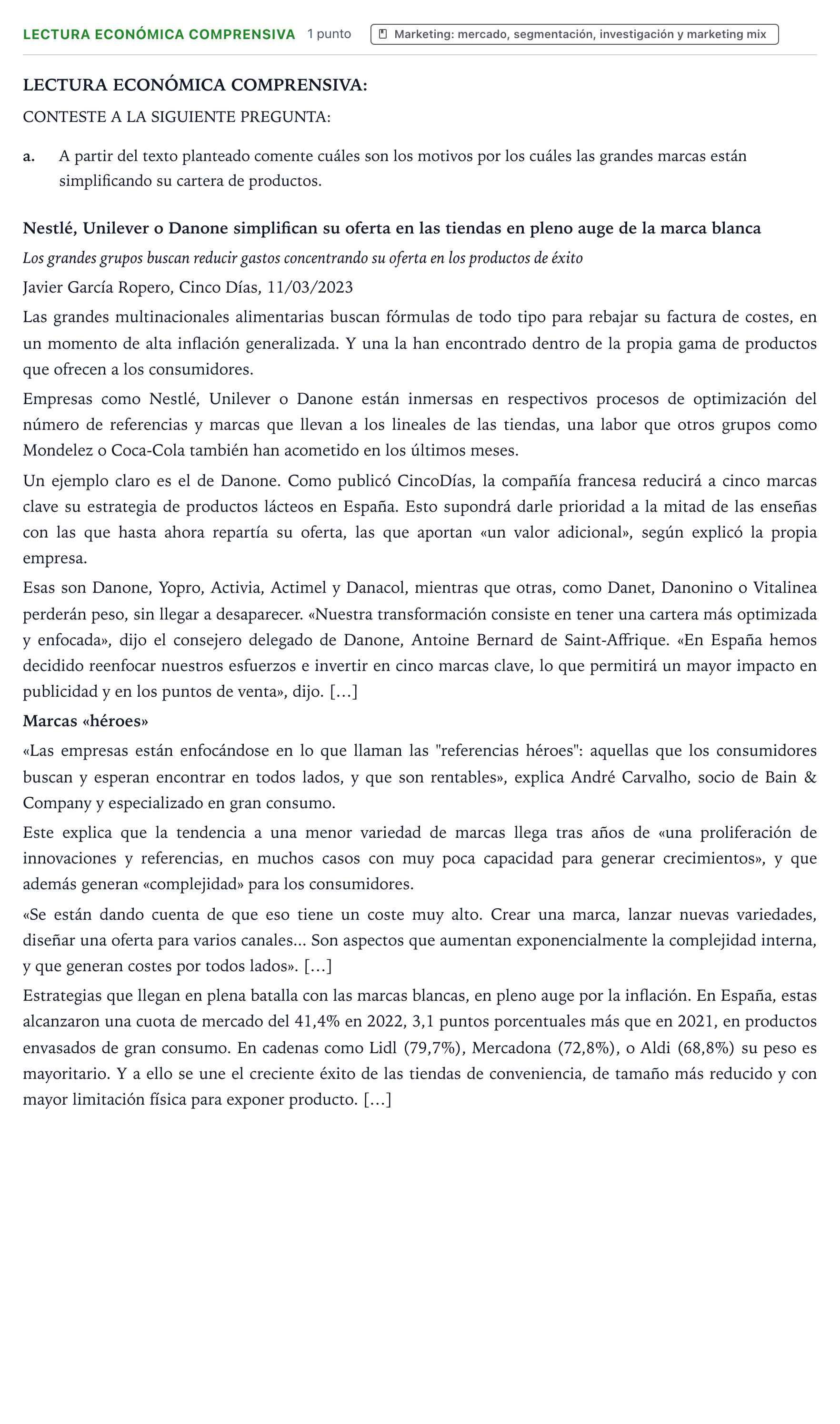 Enunciado: Ejercicio Lectura Económica Comprensiva · Empresa y Diseño de Modelos de Negocio PAU Castilla y León Extraordinaria 2025