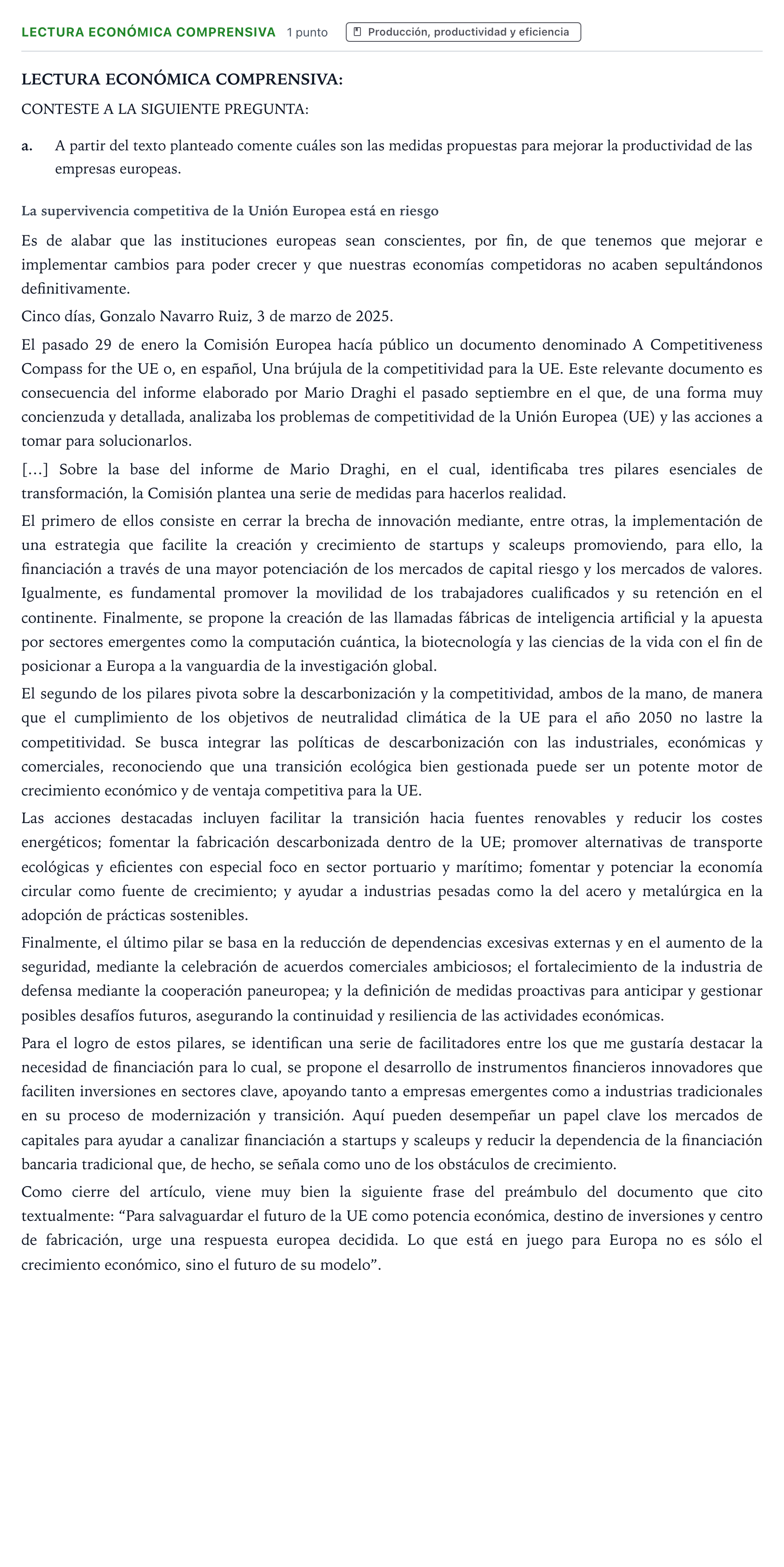 Enunciado: Ejercicio Lectura económica comprensiva · Empresa y Diseño de Modelos de Negocio PAU Castilla y León Ordinaria 2025