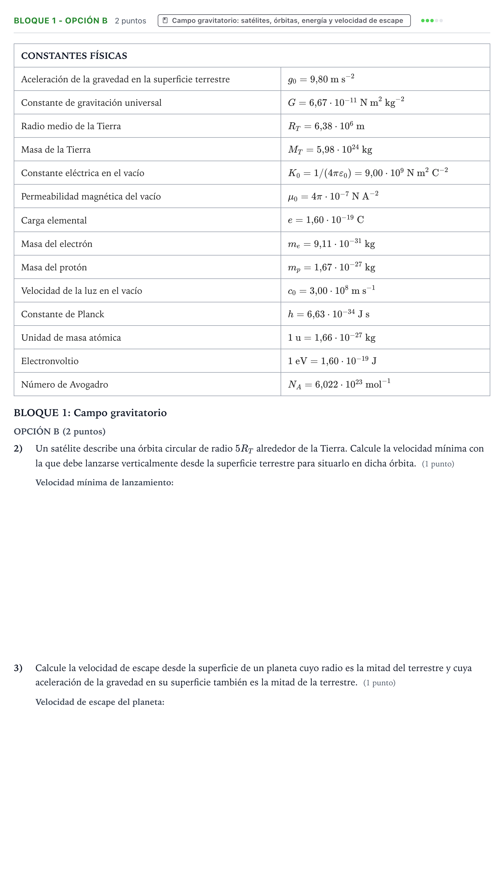 Enunciado: Bloque 1 - Opción B · Física PAU Castilla y León Extraordinaria 2025