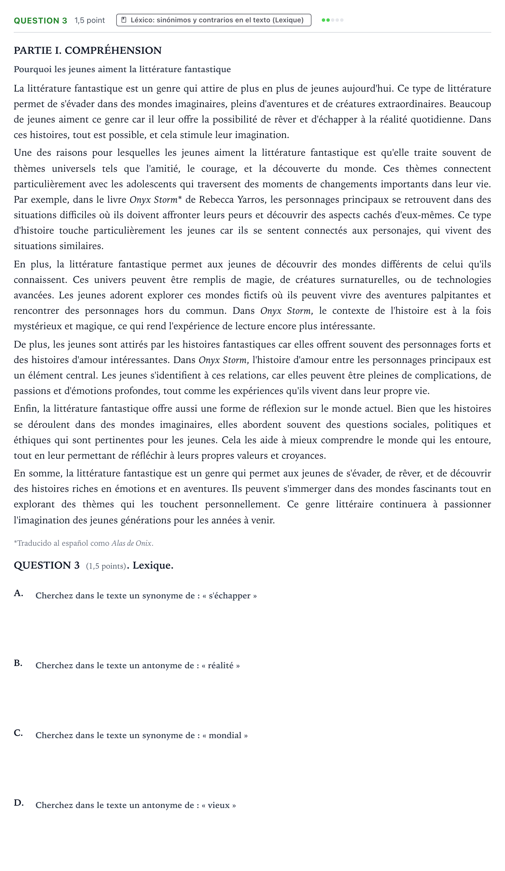 Enunciado: Question 3 · Francés PAU Castilla y León Extraordinaria 2025