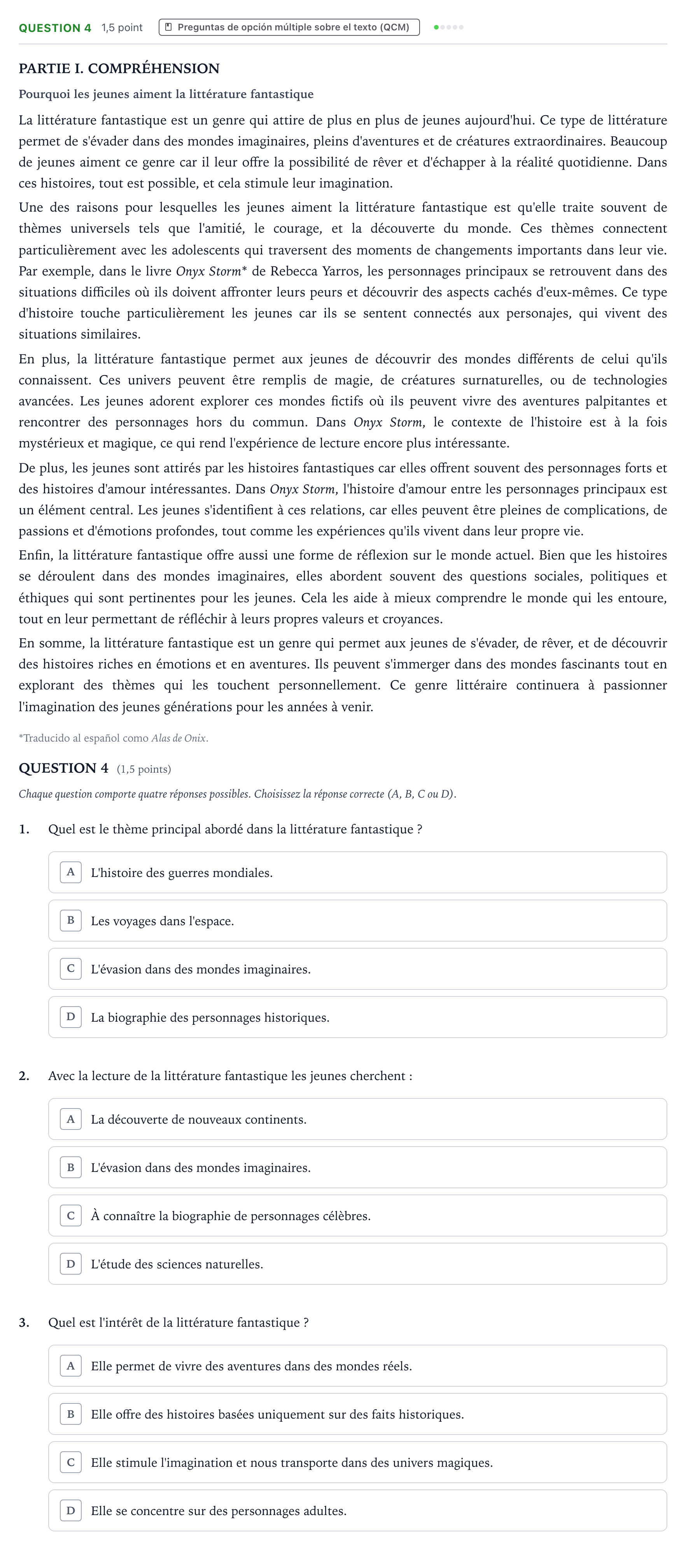 Enunciado: Question 4 · Francés PAU Castilla y León Extraordinaria 2025